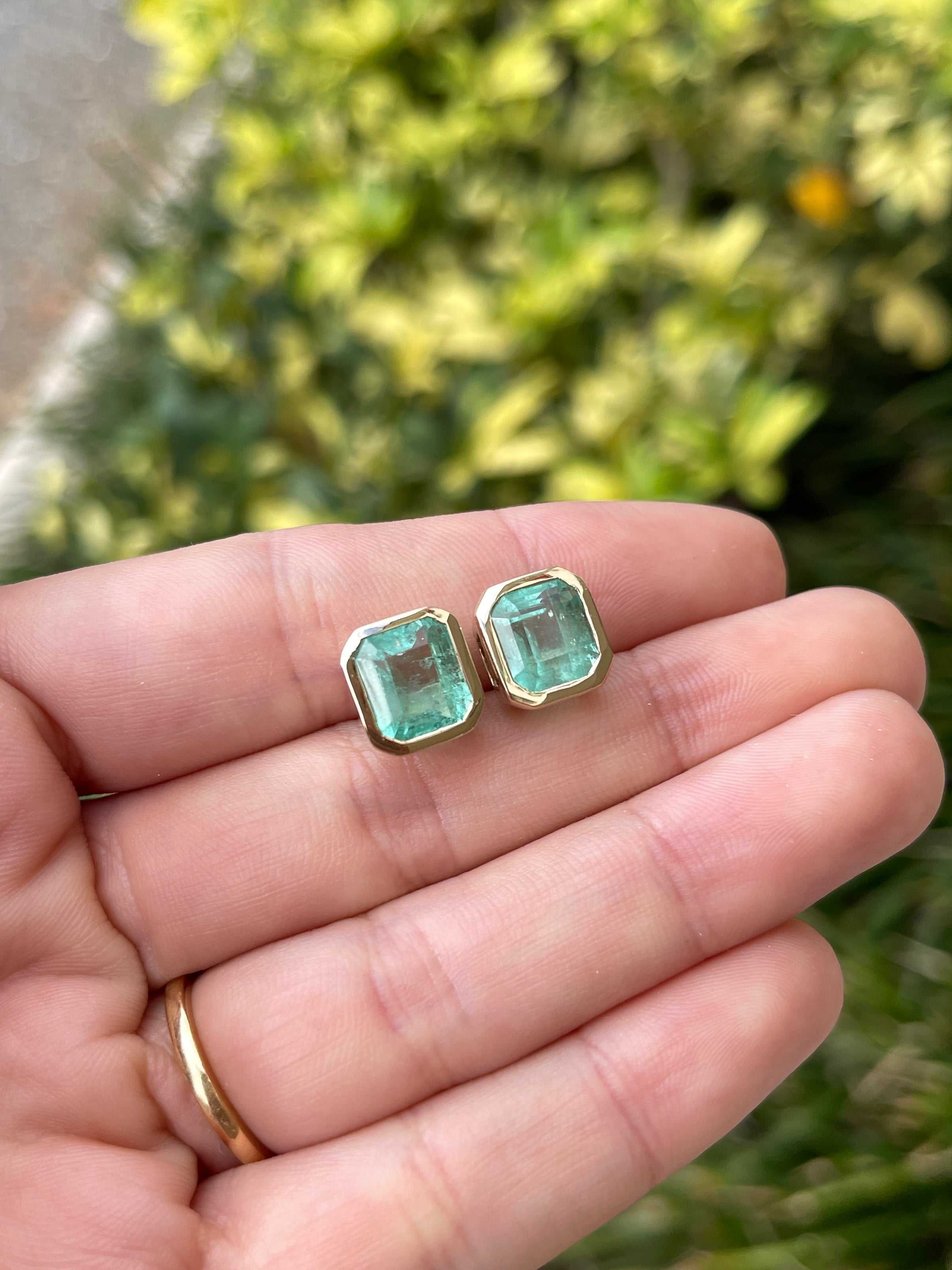 6.80tcw Bezel Set Natural Colombian Emerald Stud Earrings - JR Colombian Emeralds