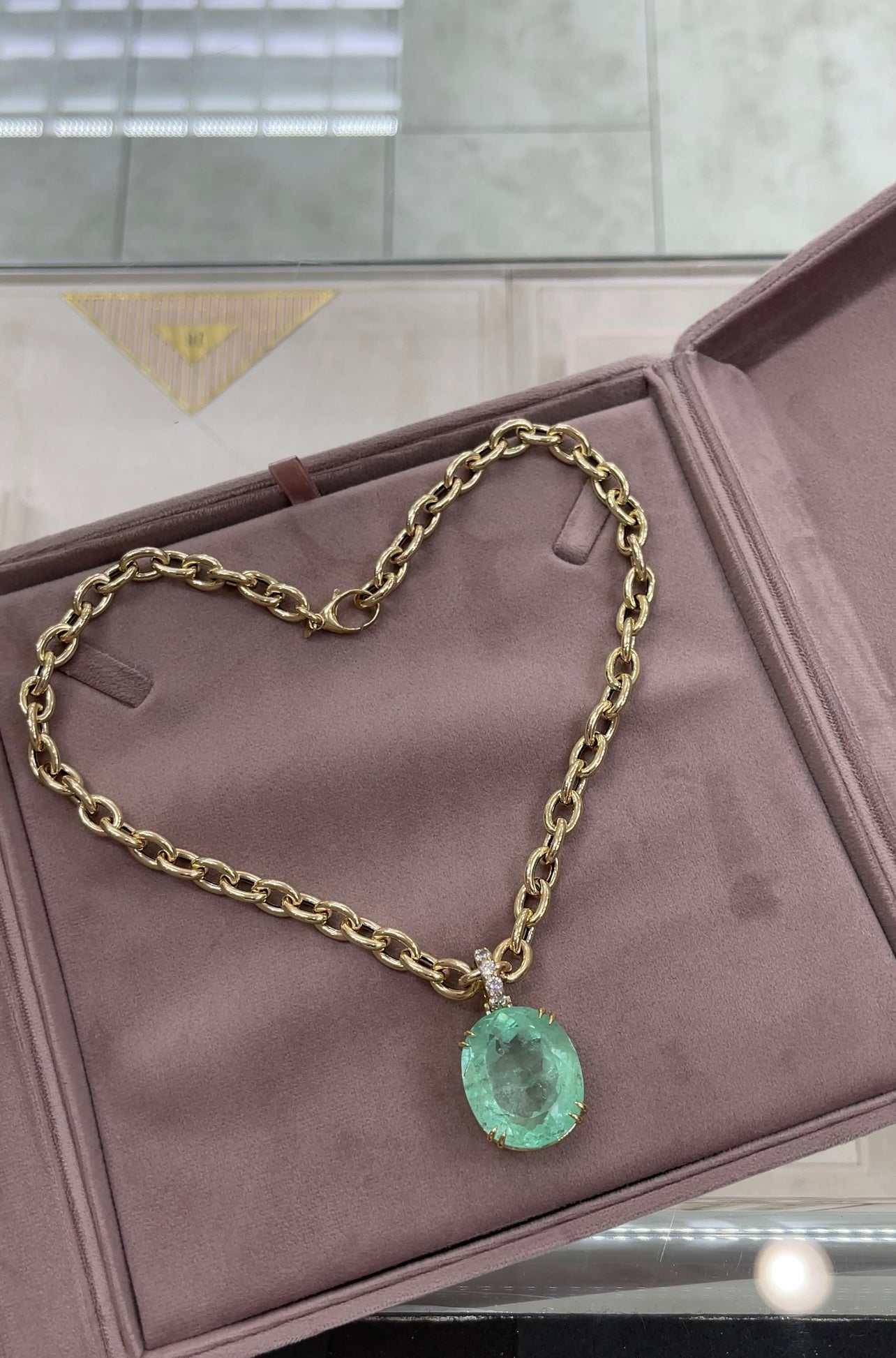 63.14 Carat Light Green Real, Natural Oval Colombian Emerald & Diamond 18K Pendant - JR Colombian Emeralds