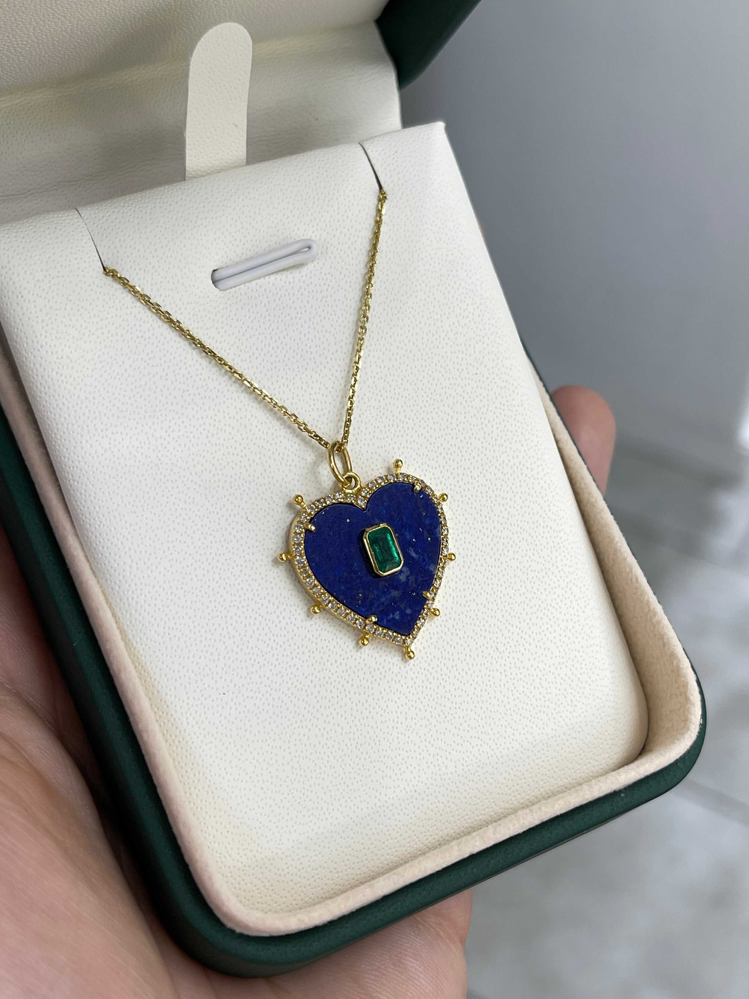 Natural lapis, emerald, and diamond heart pendant in 14K gold by JR Colombian Emeralds, featuring vibrant gemstones and intricate design.