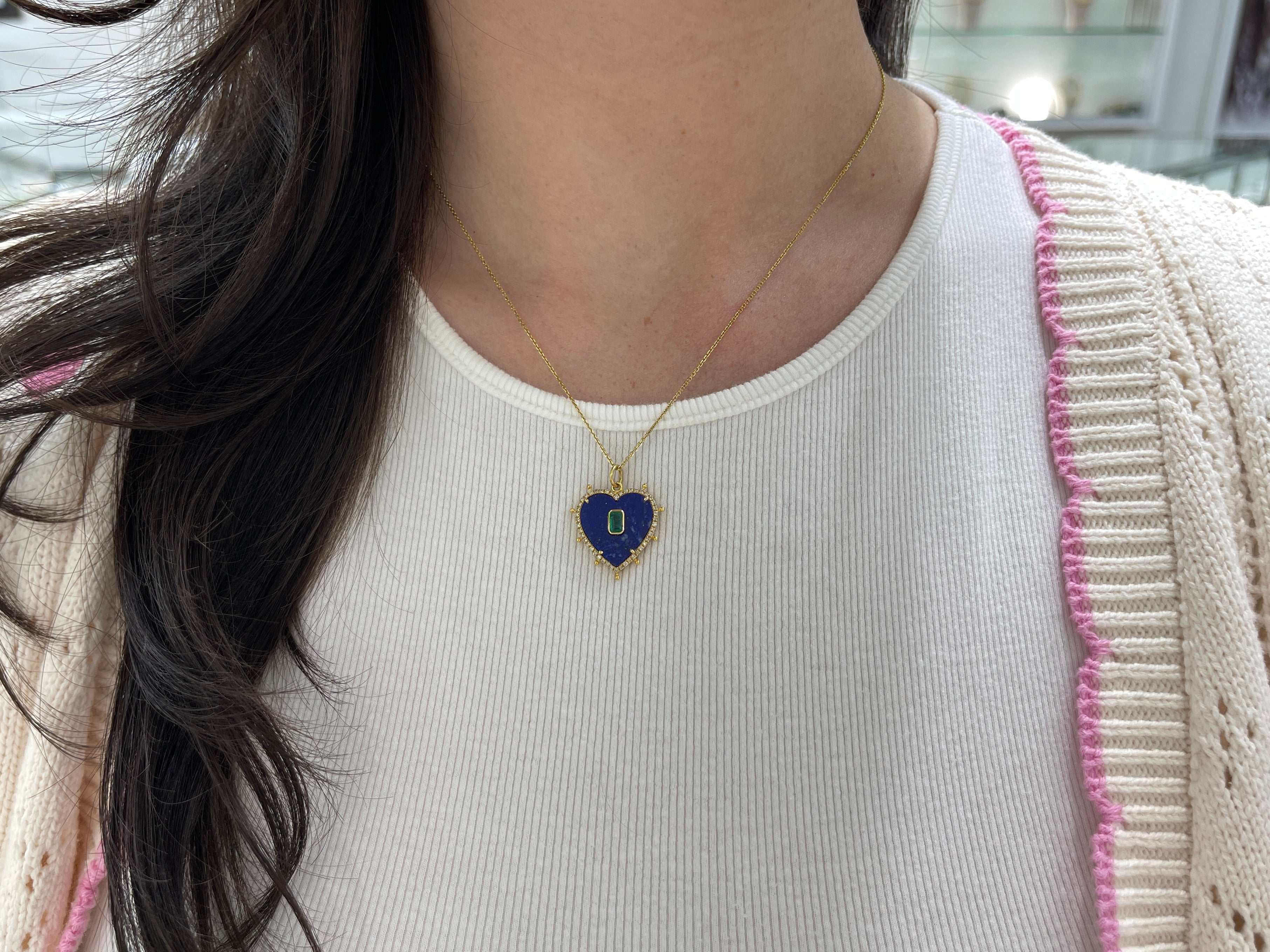 Natural lapis, emerald, and diamond heart pendant in 14K gold from JR Colombian Emeralds, showcasing vibrant gemstones and elegant design.