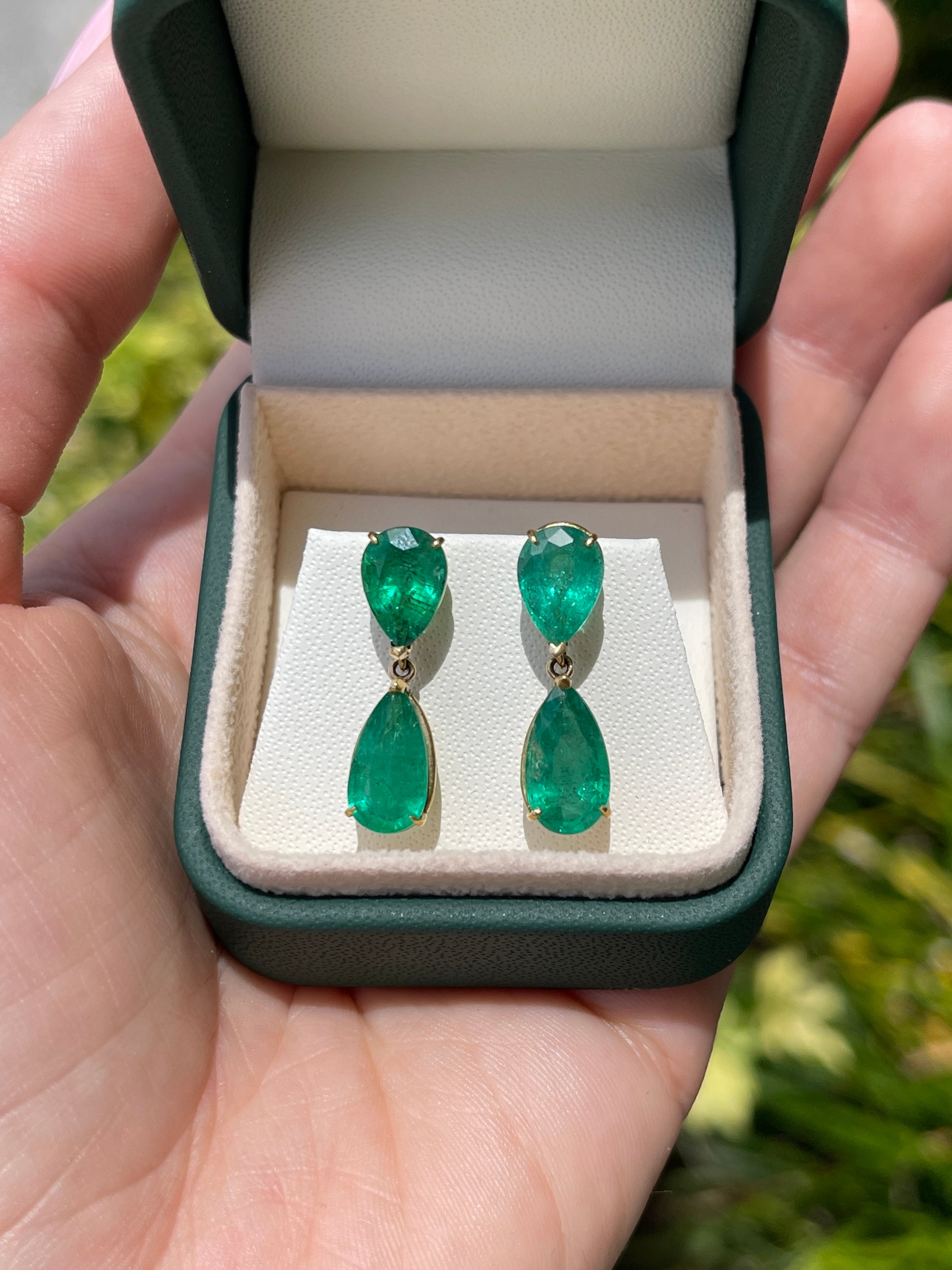7.20tcw Pear Cut Emerald Dangle Stud Earrings Natural Emeralds 18K - JR Colombian Emeralds