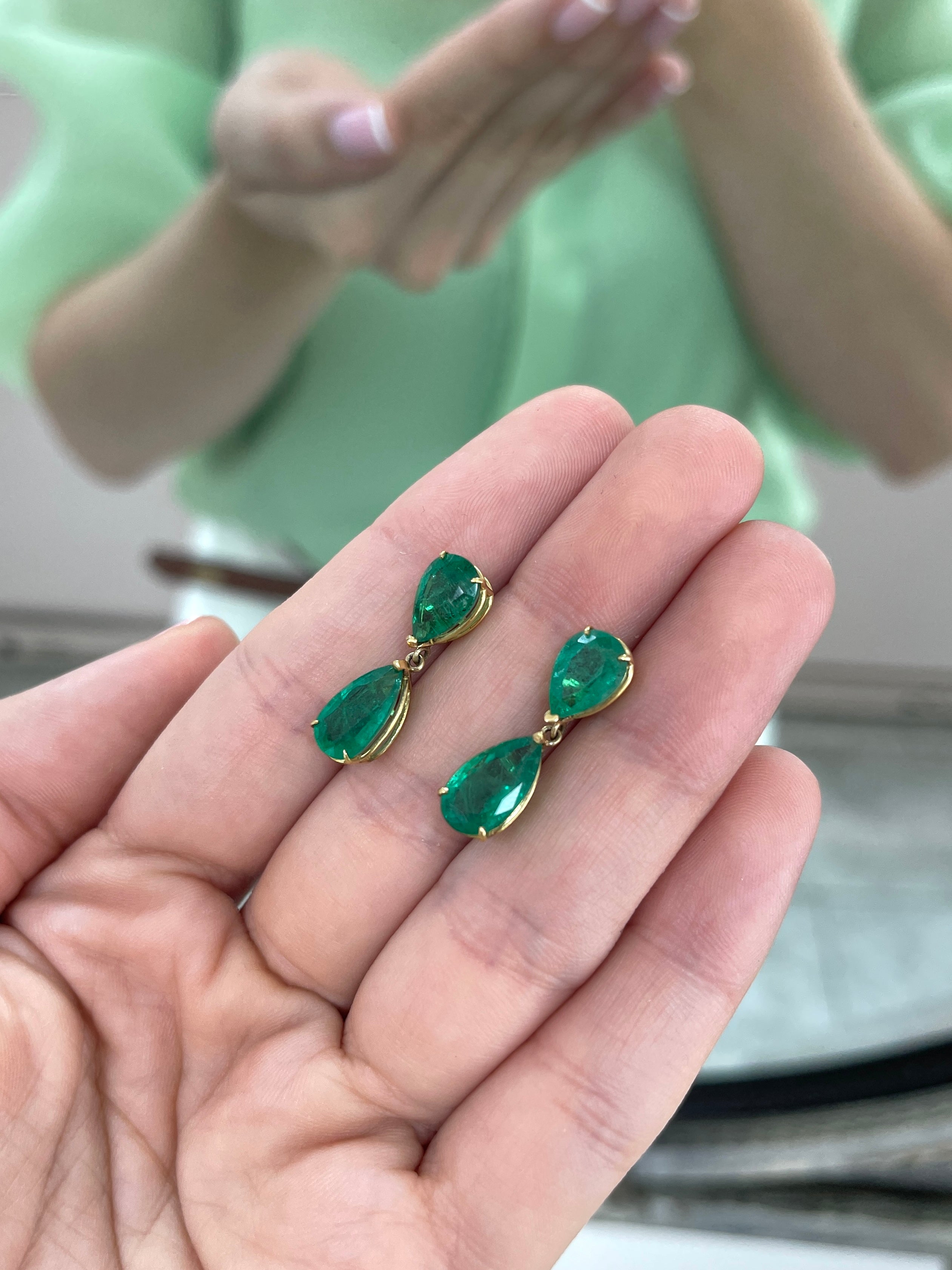 7.20tcw Pear Cut Emerald Dangle Stud Earrings Natural Emeralds 18K - JR Colombian Emeralds