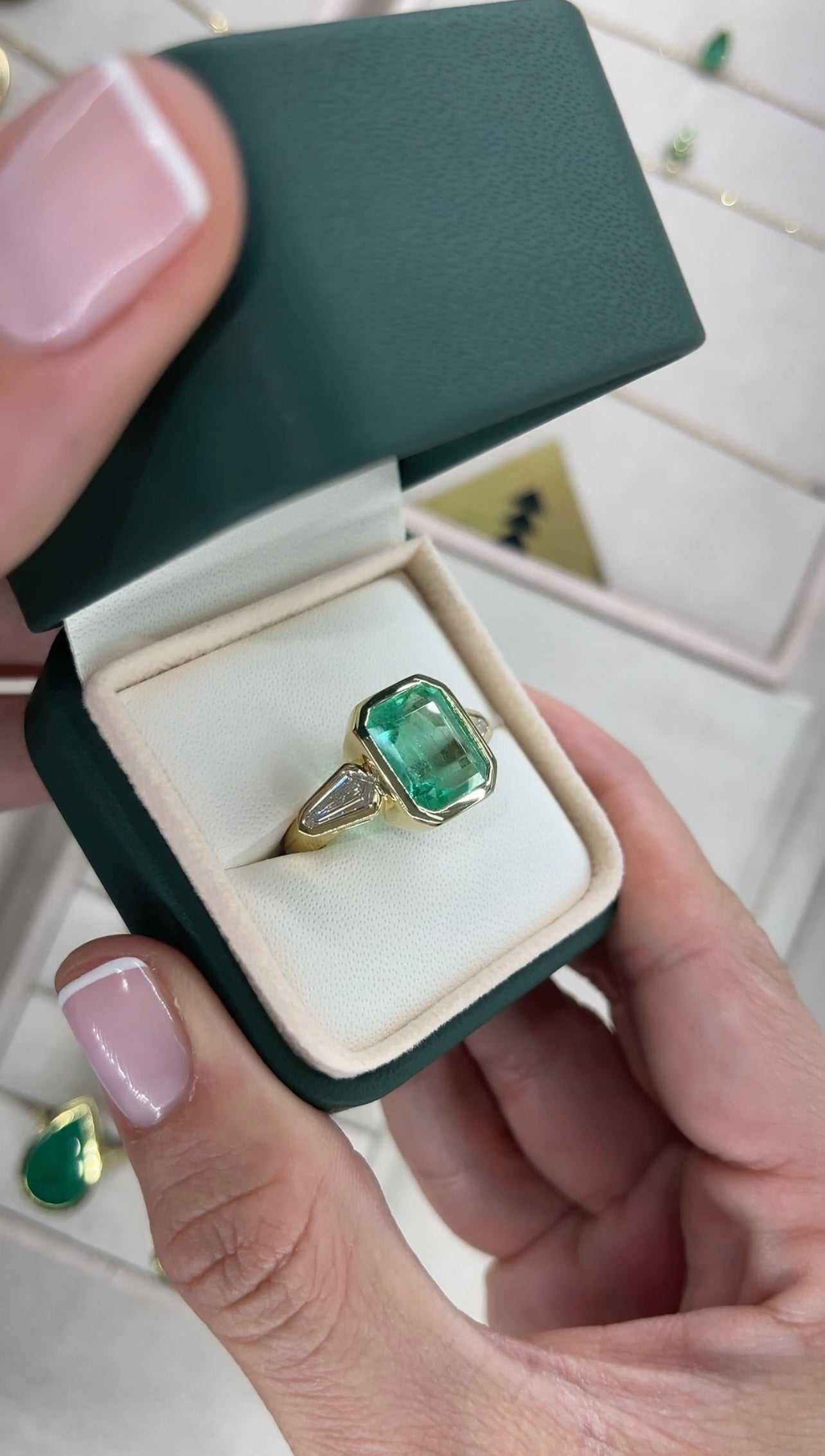 7.49tcw Colombian Emerald & Kite Diamond Three Stone Ring 18K Gold Bezel Set - JR Colombian Emeralds