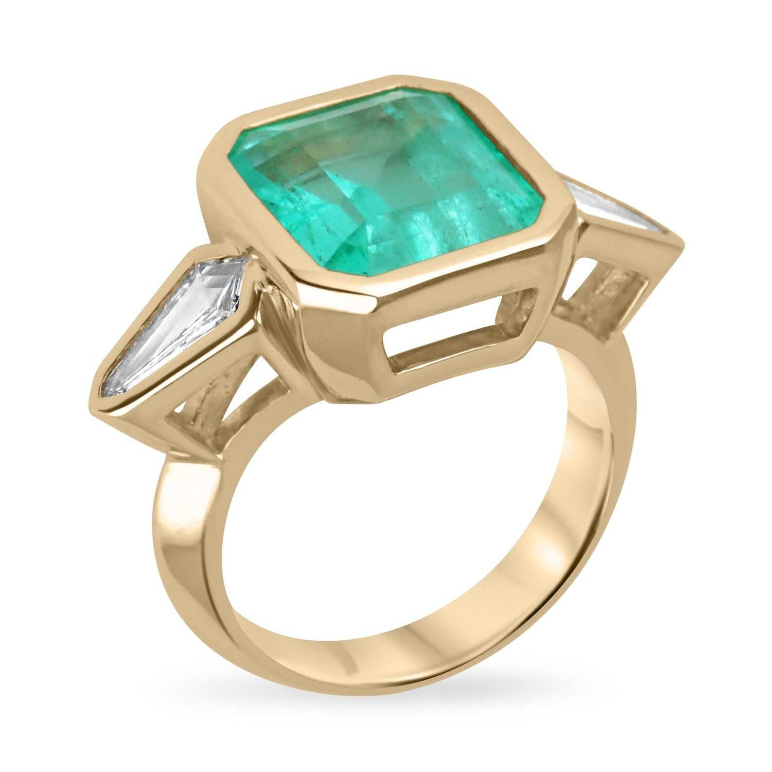 7.49tcw Colombian Emerald & Kite Diamond Three Stone Ring 18K Gold Bezel Set - JR Colombian Emeralds