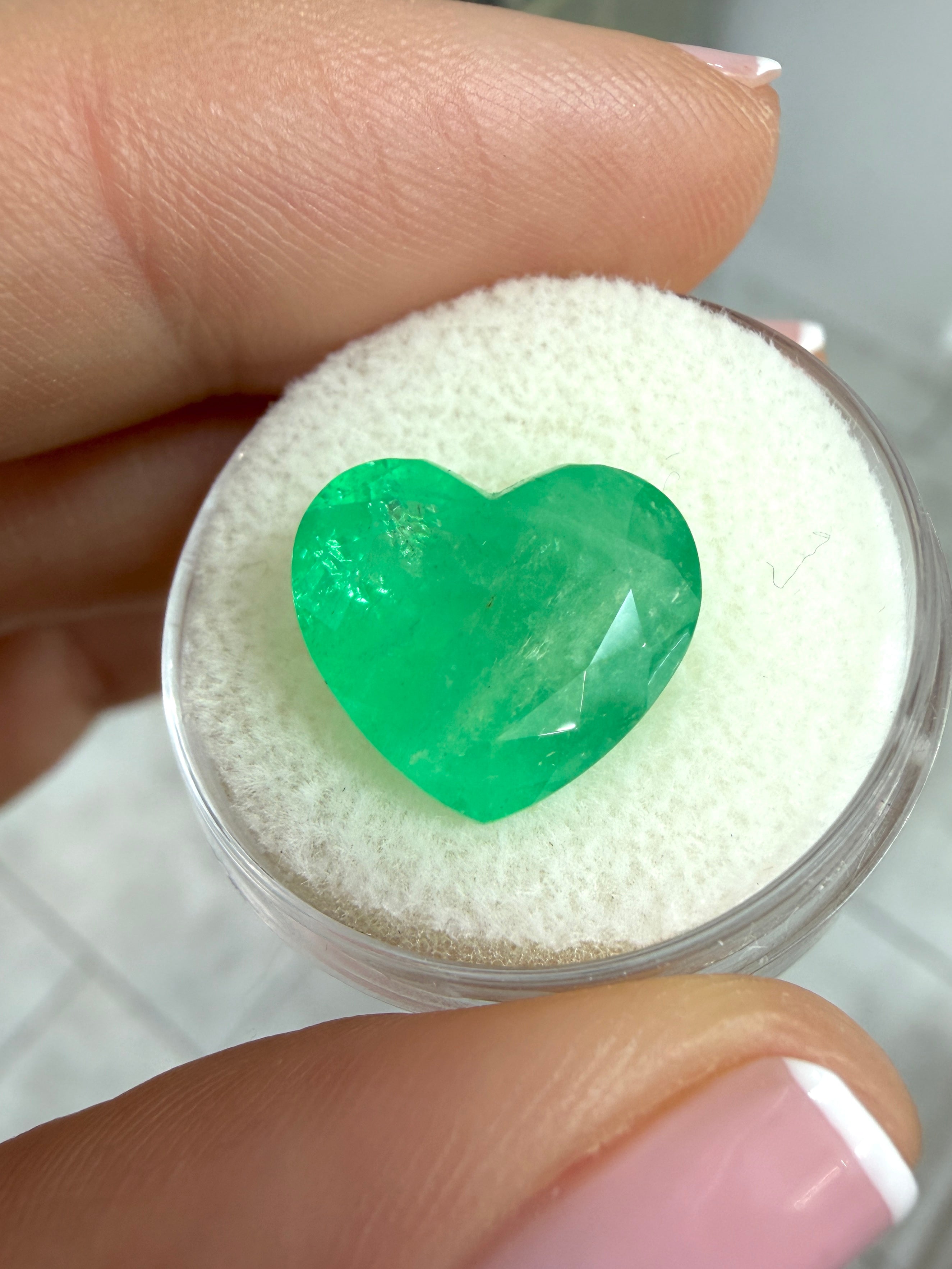 7.68-carat natural Colombian emerald, 12x13.5mm heart cut, earthy green, loose gemstone from JR Colombian Emeralds