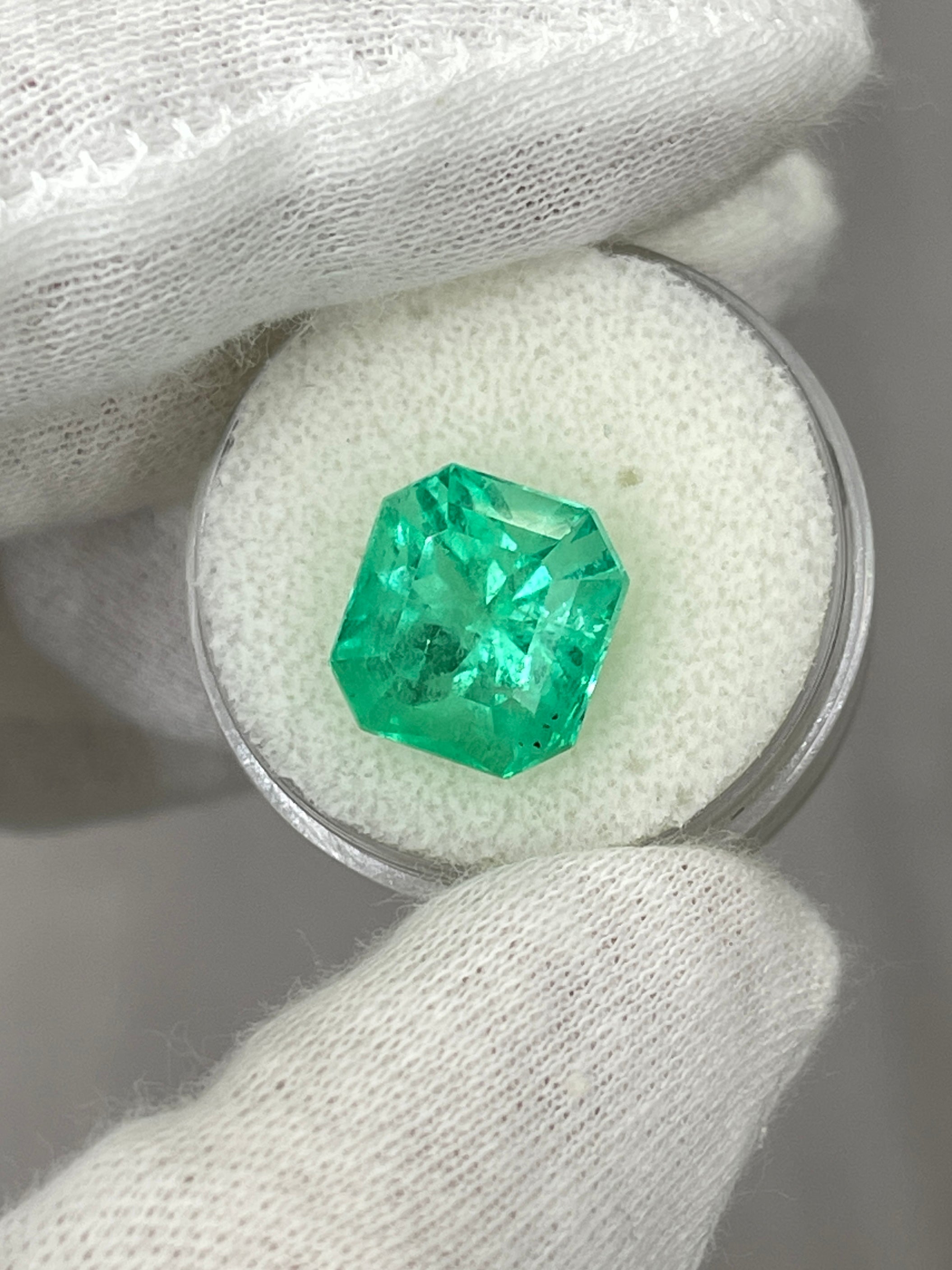 Yellowish green 7.76 carat natural Colombian emerald loose Asscher cut gemstone by JR Colombian Emeralds.