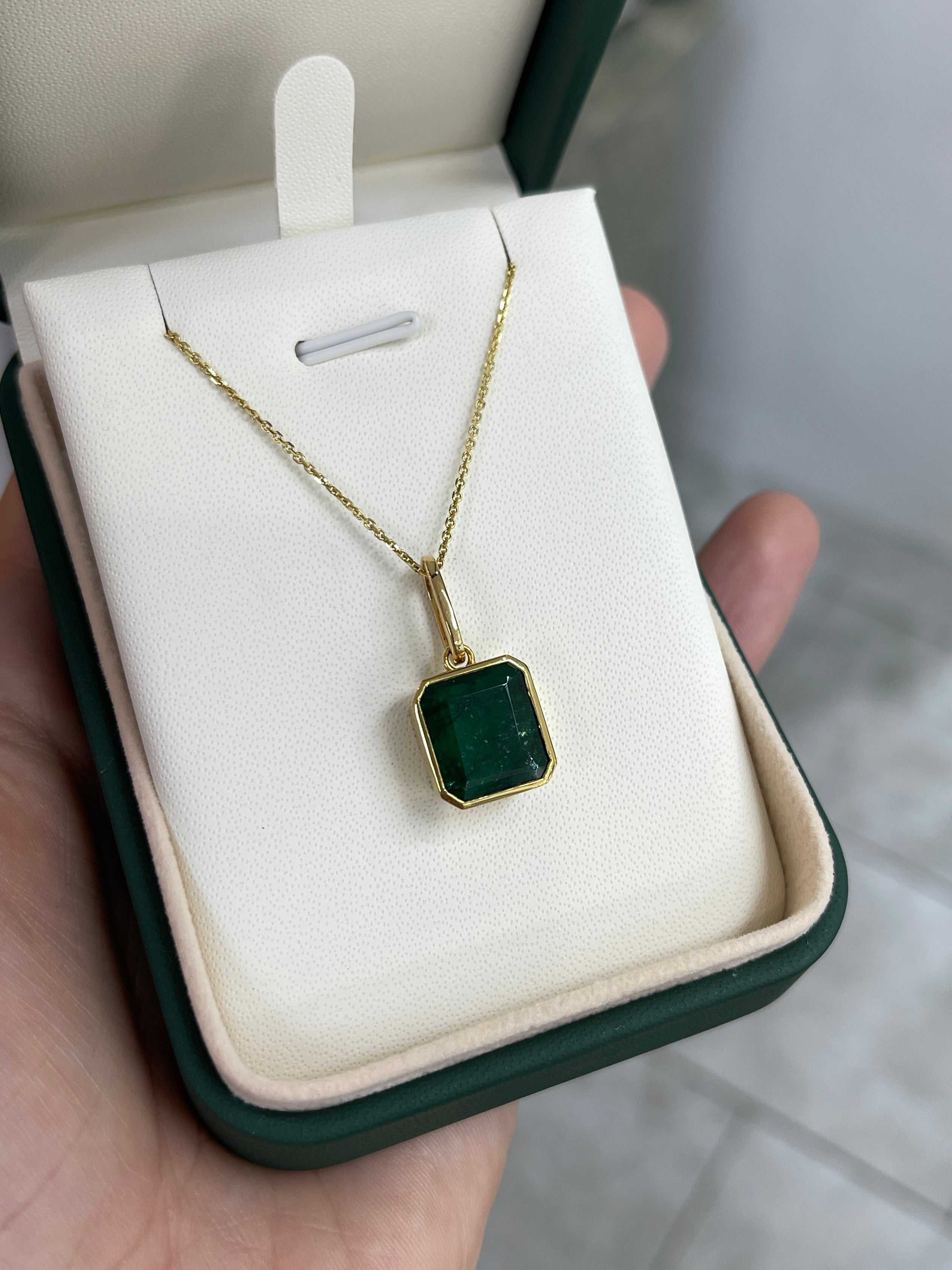 7.79 carat dark green Zambian emerald necklace with bezel setting in 14K gold by JR Colombian Emeralds.