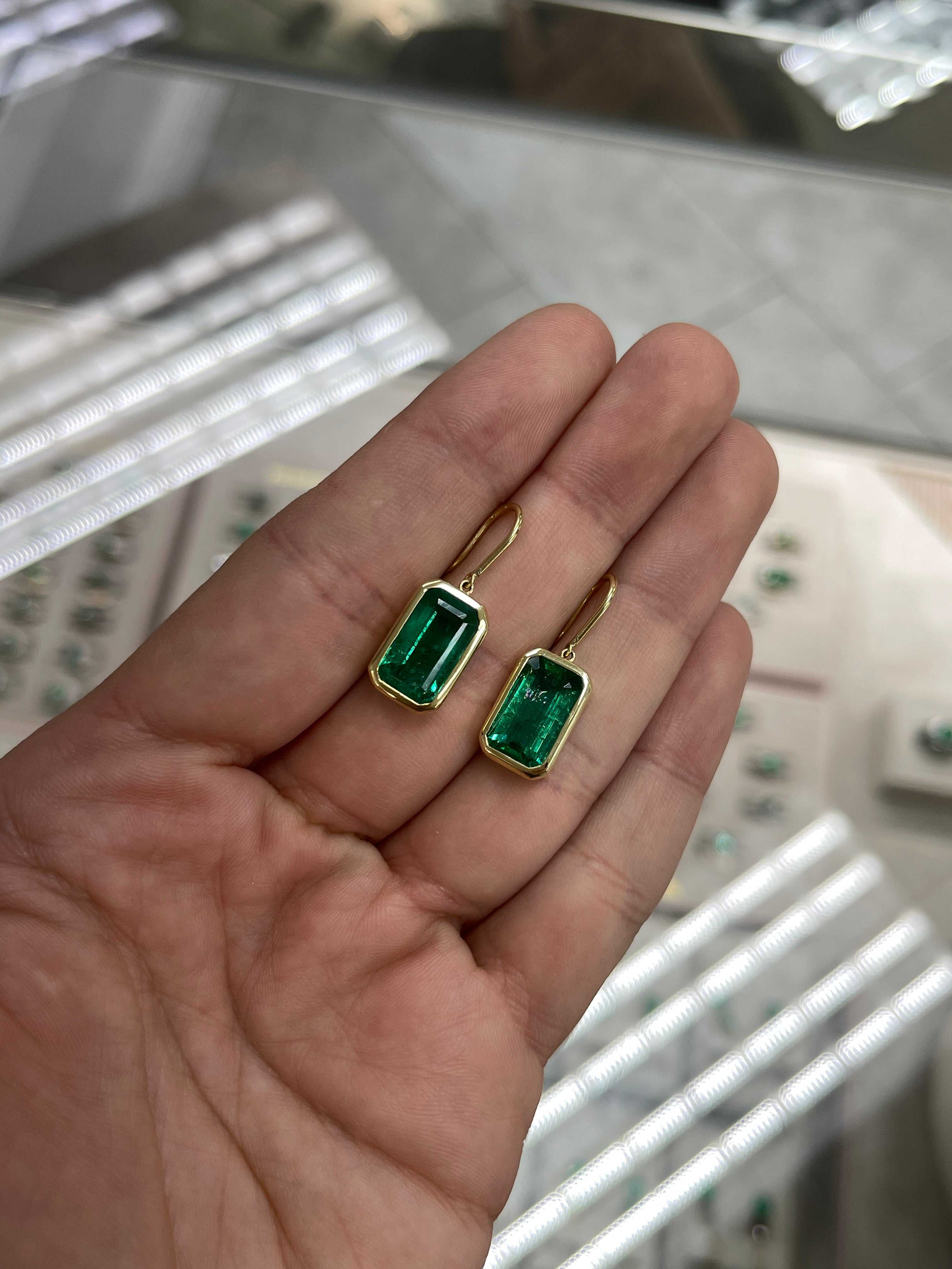 7.90tcw Deep Green Natural Emerald Bezel Set Drop & Dangle Hook Earrings 18K - JR Colombian Emeralds