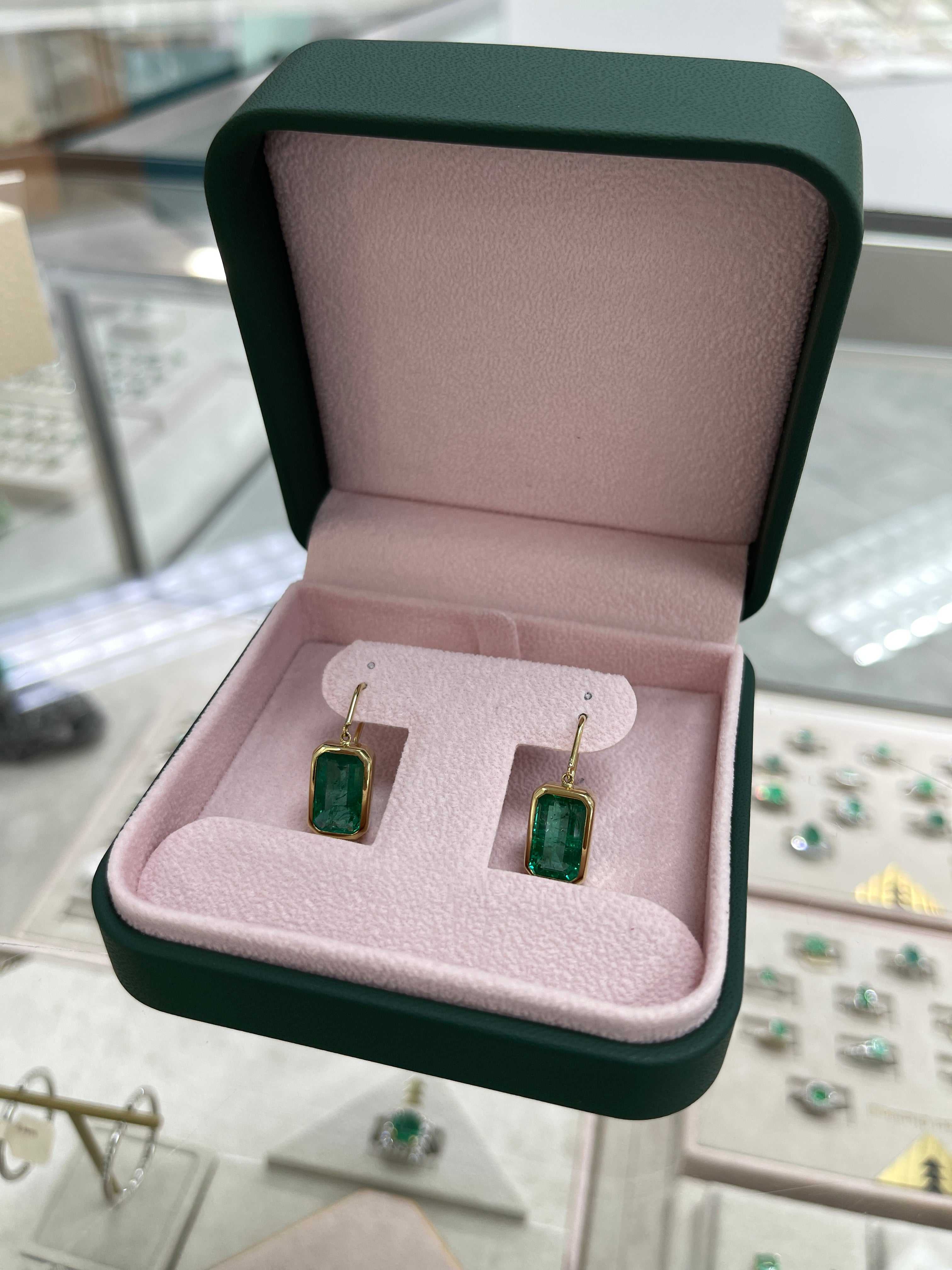 7.90tcw Deep Green Natural Emerald Bezel Set Drop & Dangle Hook Earrings 18K - JR Colombian Emeralds