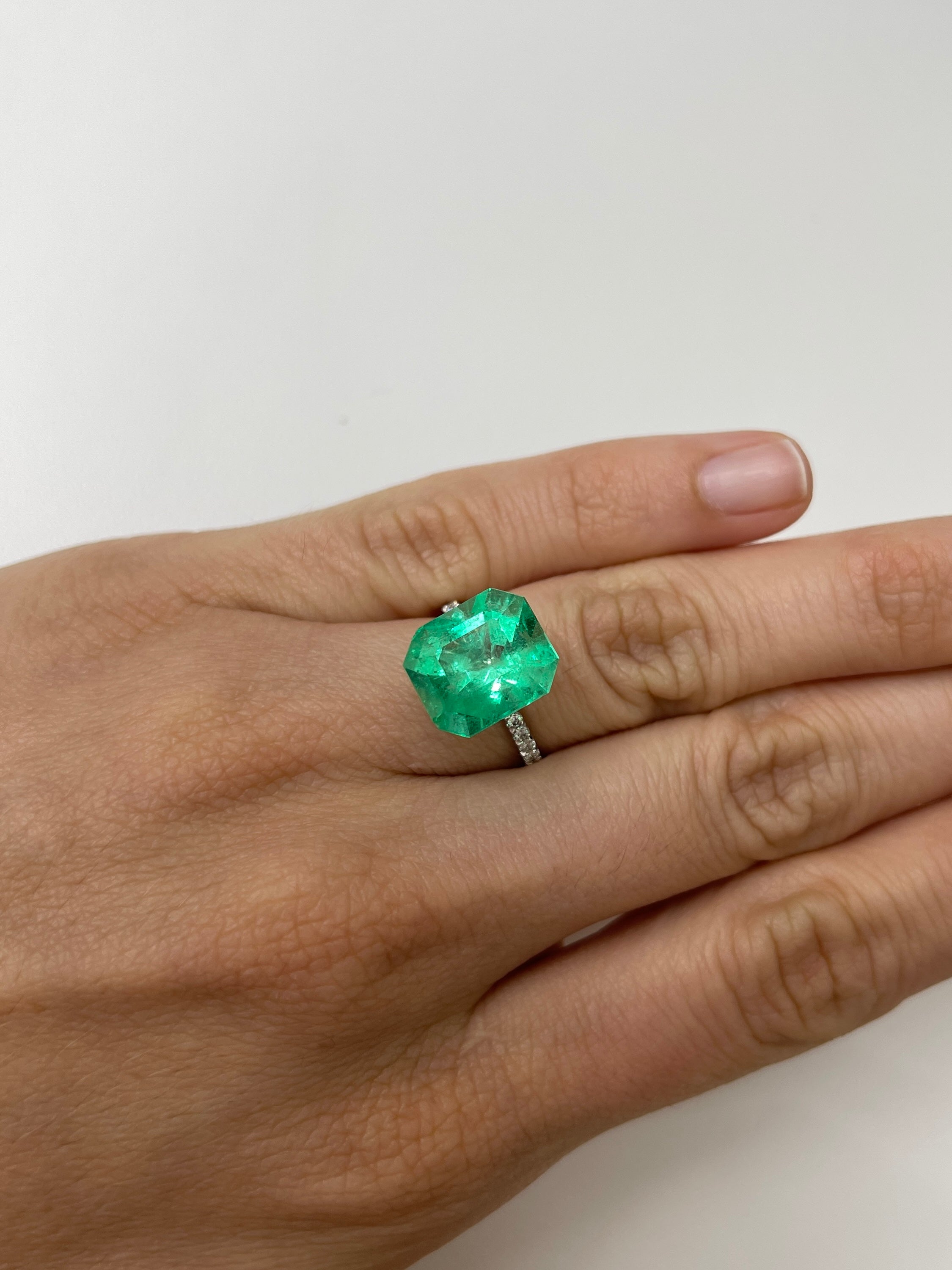 7.92 carat Colombian emerald cut loose gemstone with a chunky 13x11.5mm emerald cut, from JR Colombian Emeralds.