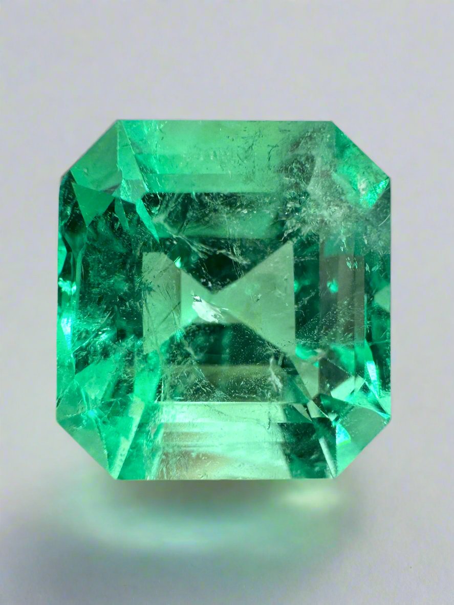 8.01 carat lush green Colombian emerald loose gemstone with Asscher cut, natural and lustrous, from JR Colombian Emeralds.
