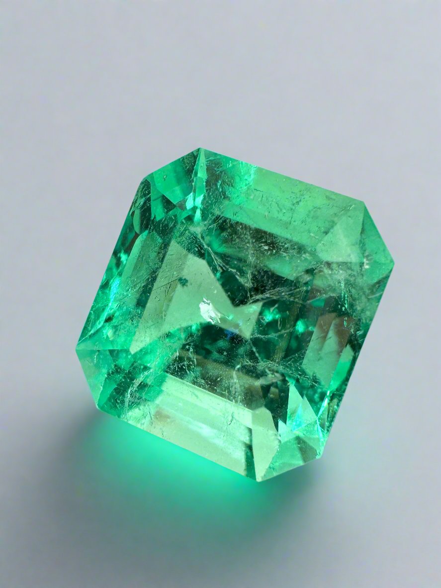 Lusterous 8.01 carat green Colombian emerald loose gemstone, 12.5x11.5mm Asscher cut, by JR Colombian Emeralds.