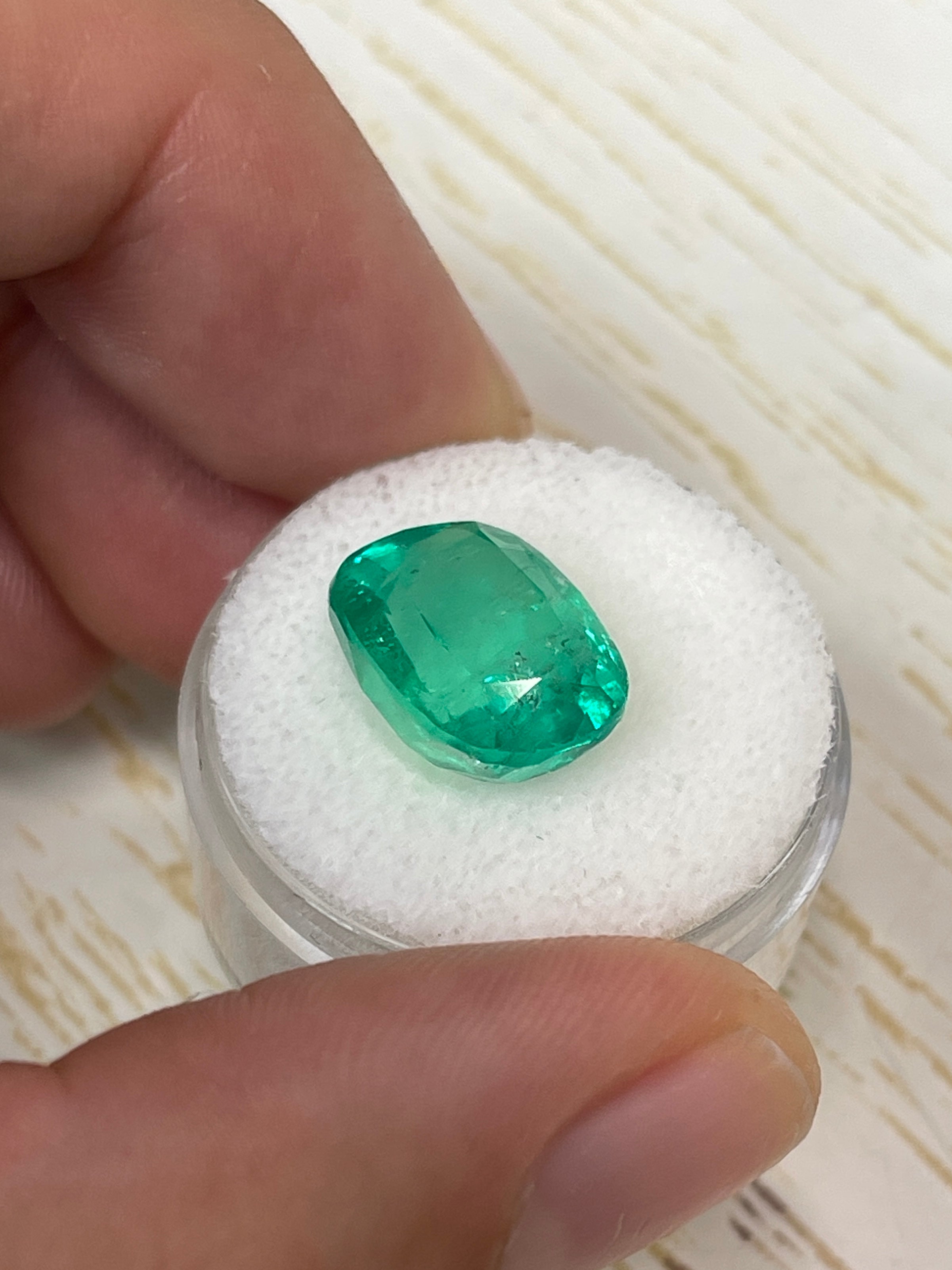 8.04 carat yellowish green natural Colombian emerald loose cushion cut gemstone by JR Colombian Emeralds