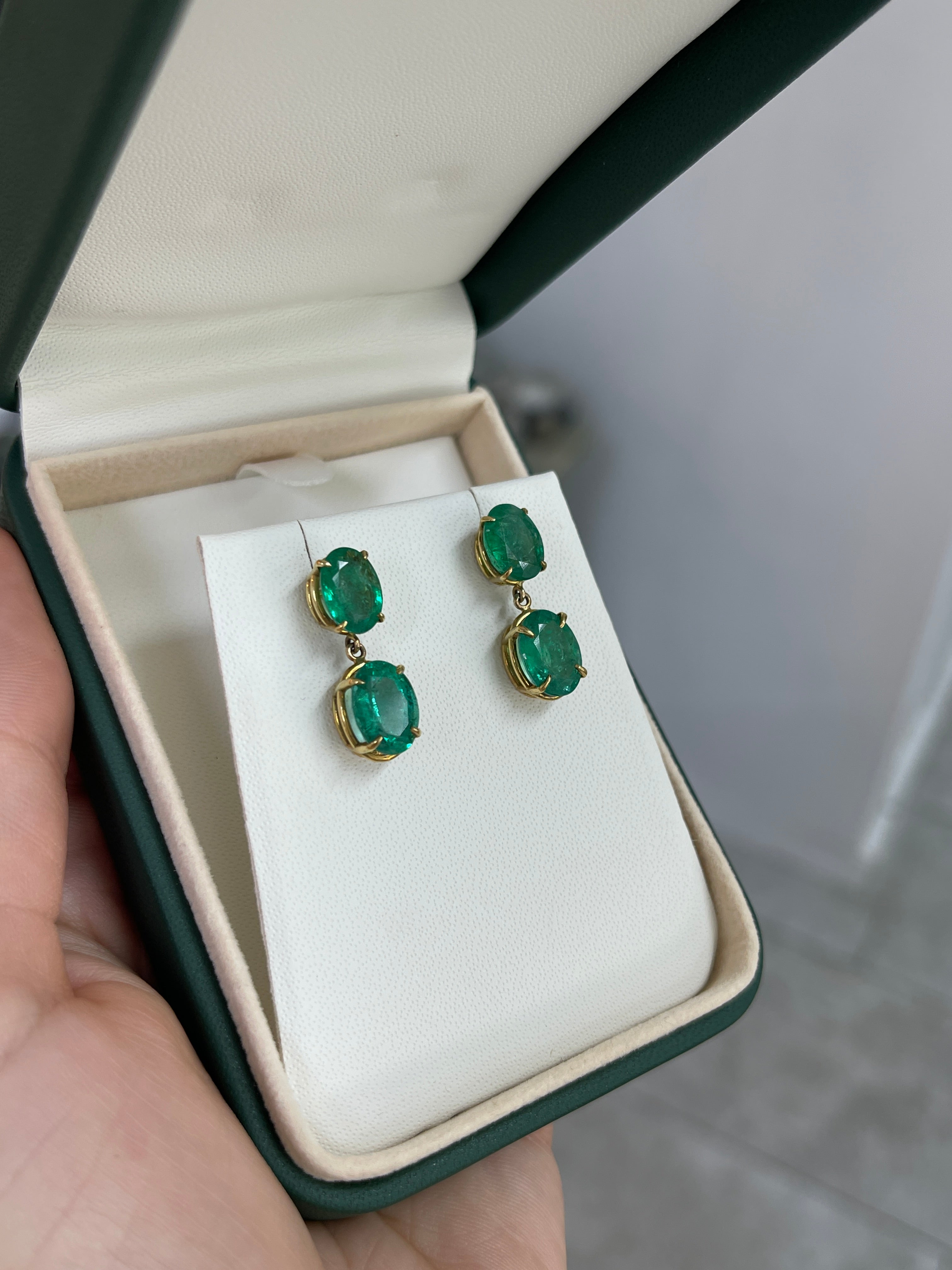 Oval Emerald Dangle Earrings 8.18 TCW Medium Deep Bluish Green Zambian Emeralds 18K - JR Colombian Emeralds