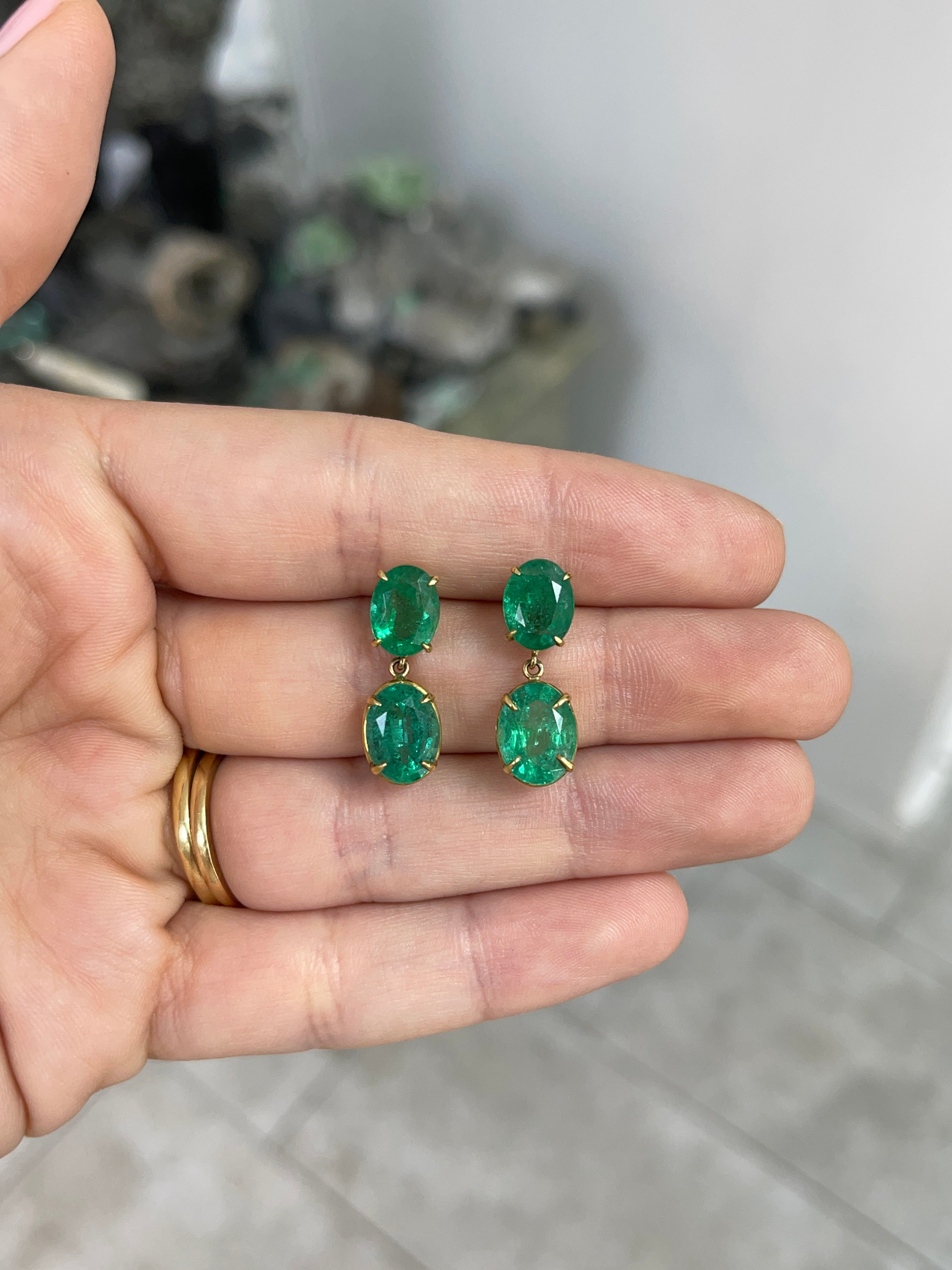 Oval Emerald Dangle Earrings 8.18 TCW Medium Deep Bluish Green Zambian Emeralds 18K - JR Colombian Emeralds