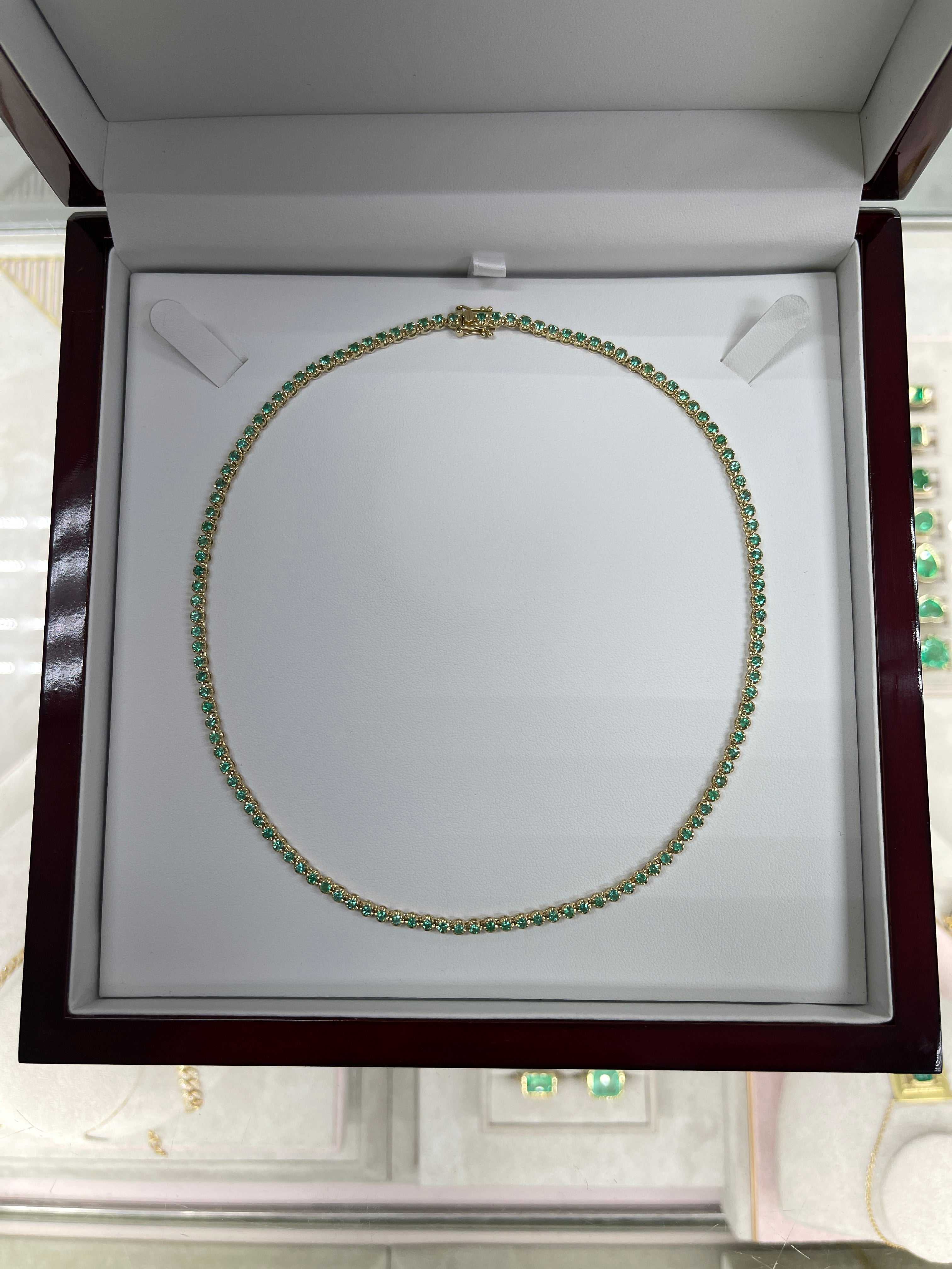 Green emerald round prong tennis necklace by JR Colombian Emeralds, 8.20tcw, 14K gold, 17-inch length, elegant jewelry piece