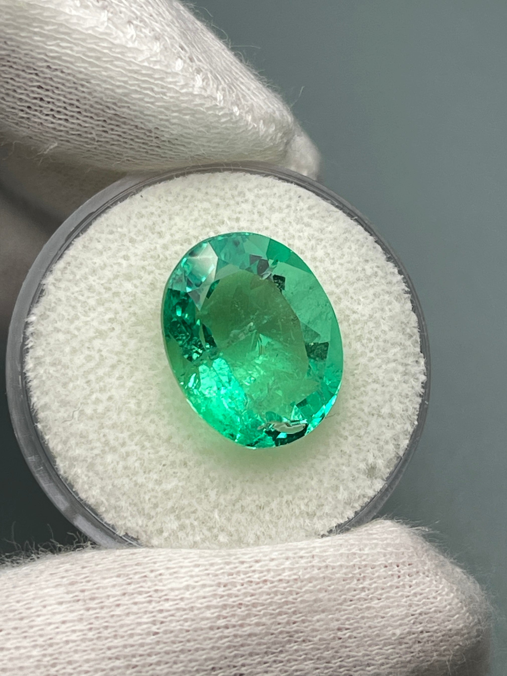 8.40 Carat 15x12 Muzo Yellowish Green Natural Loose Colombian Emerald-Oval Cut - JR Colombian Emeralds