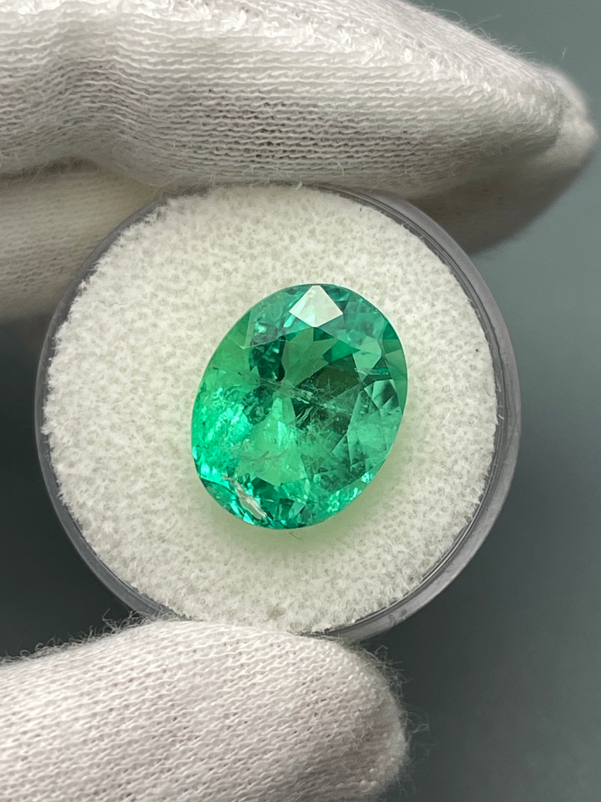8.40 Carat 15x12 Muzo Yellowish Green Natural Loose Colombian Emerald-Oval Cut - JR Colombian Emeralds