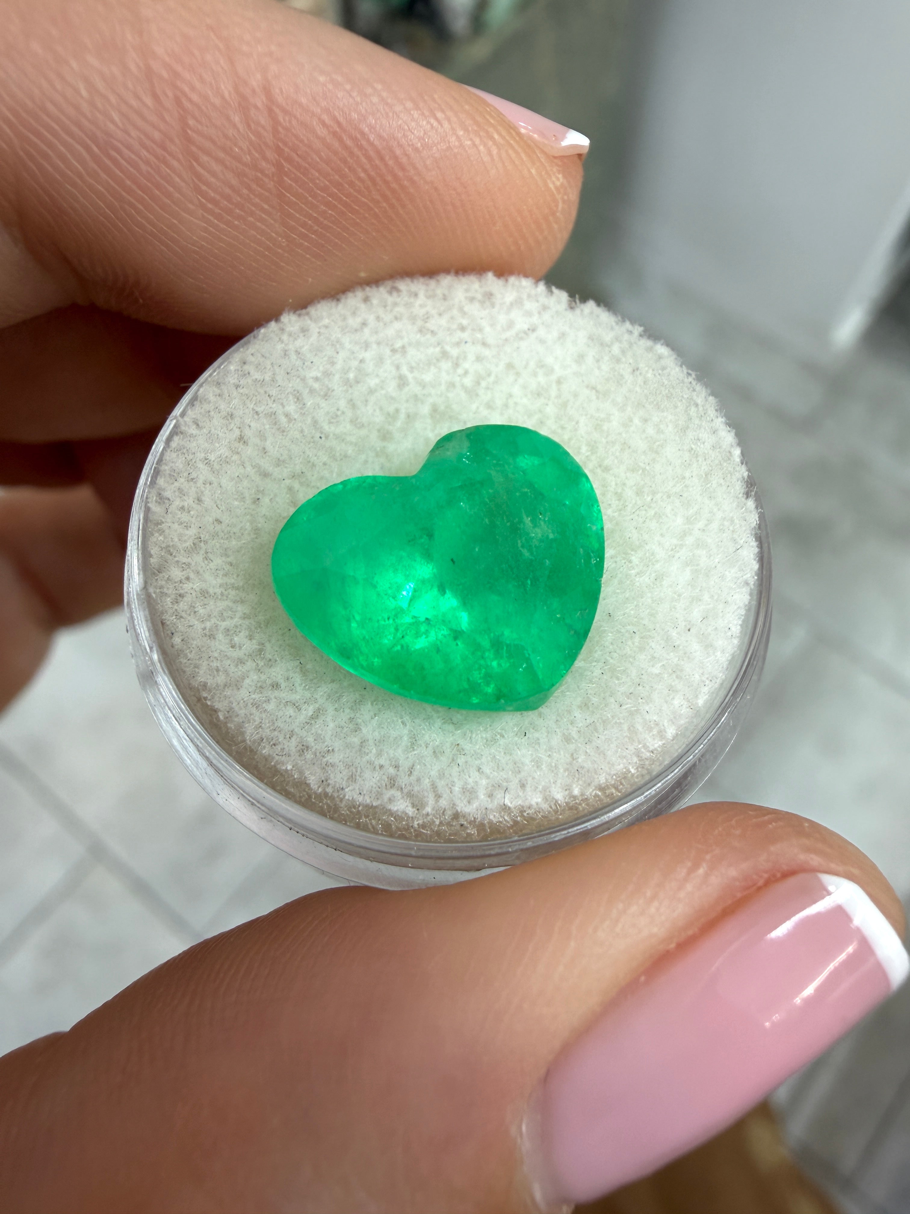 Large 8.47 carat medium green Colombian emerald heart cut, natural loose gemstone from JR Colombian Emeralds.