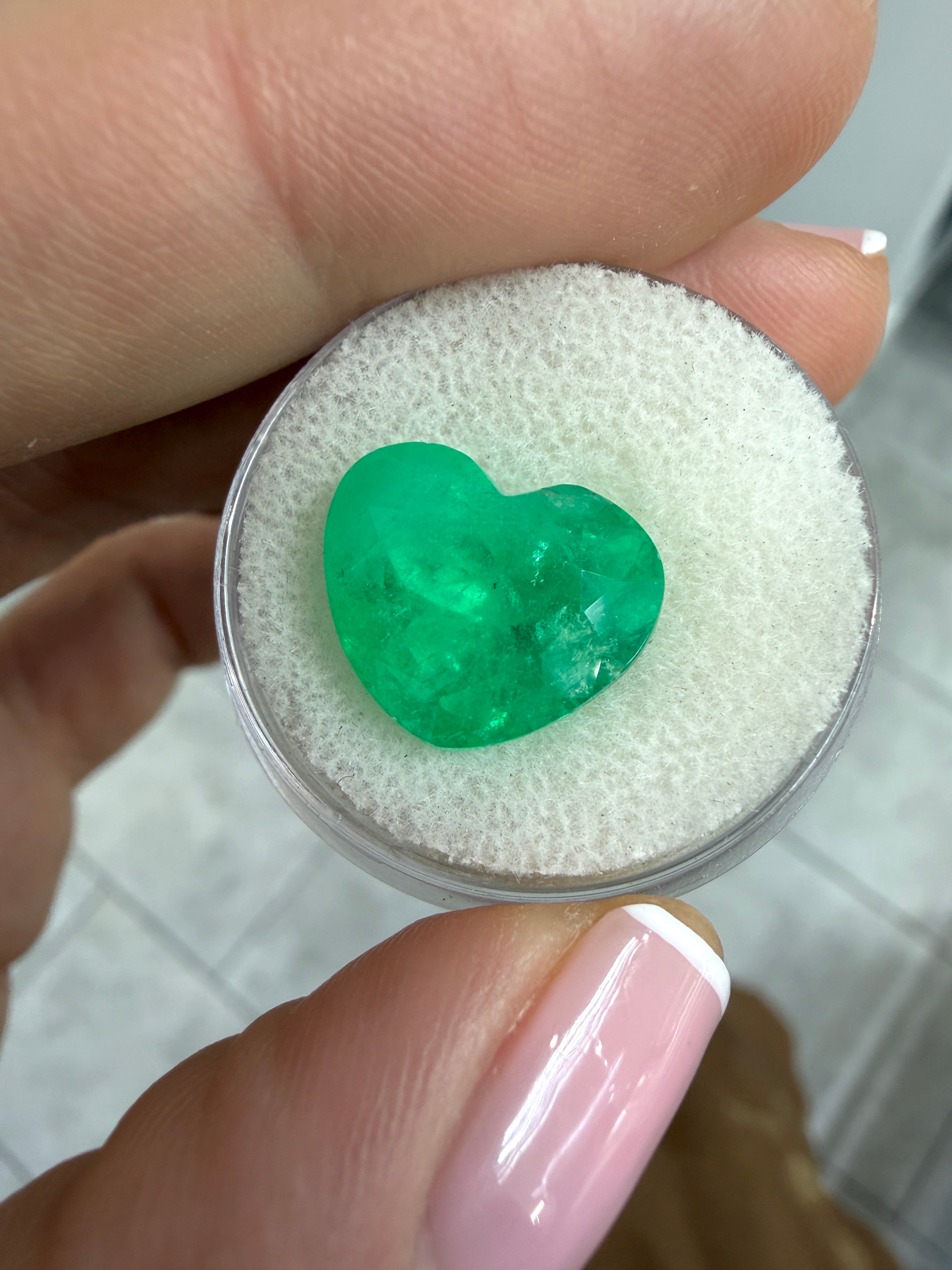 Large 8.47 Carat Colombian Emerald in 12x14 Heart Cut, natural medium green loose gemstone by JR Colombian Emeralds