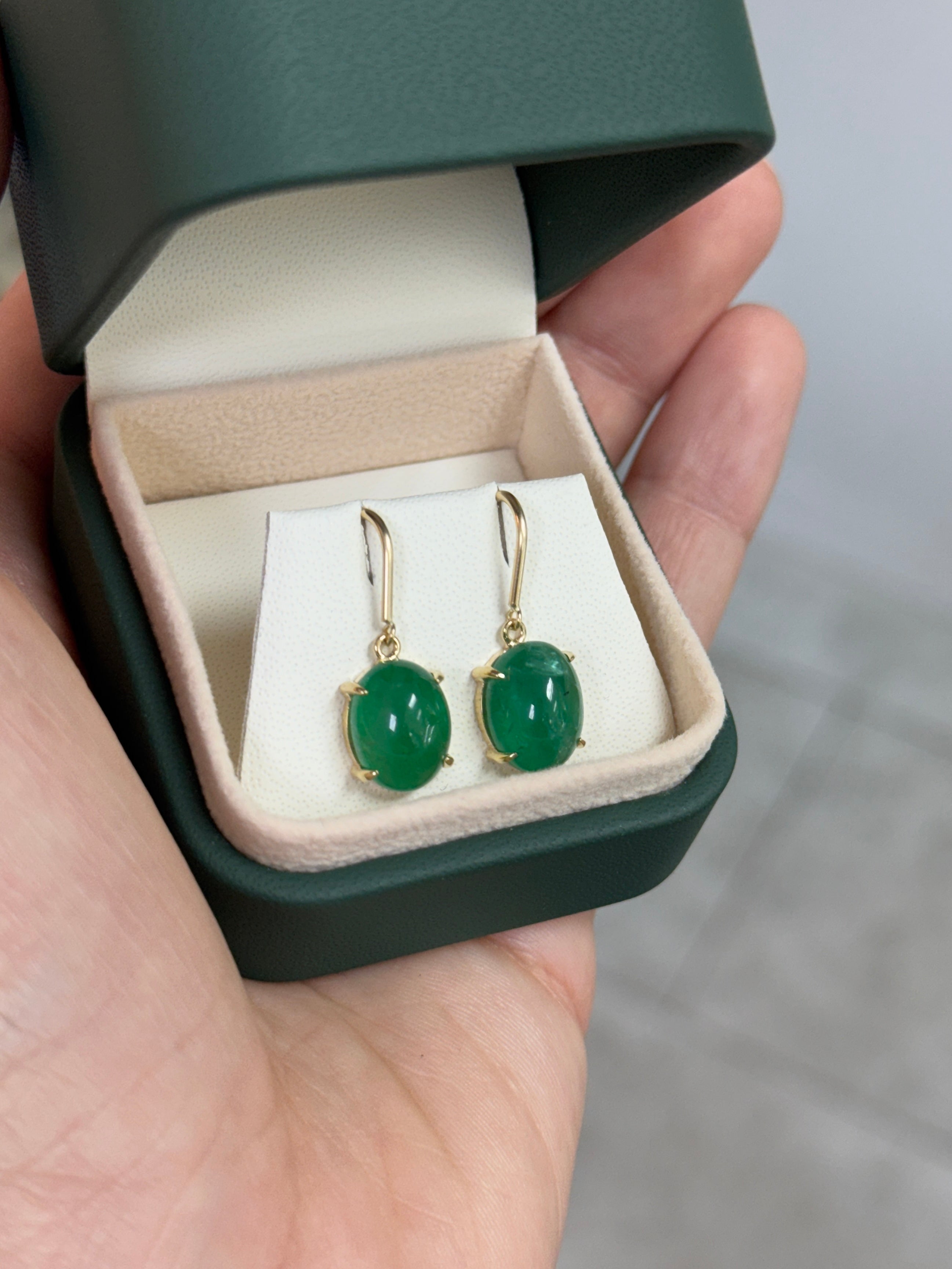 8.55tcw Oval Cabochon Emerald French Hook Earrings 14K