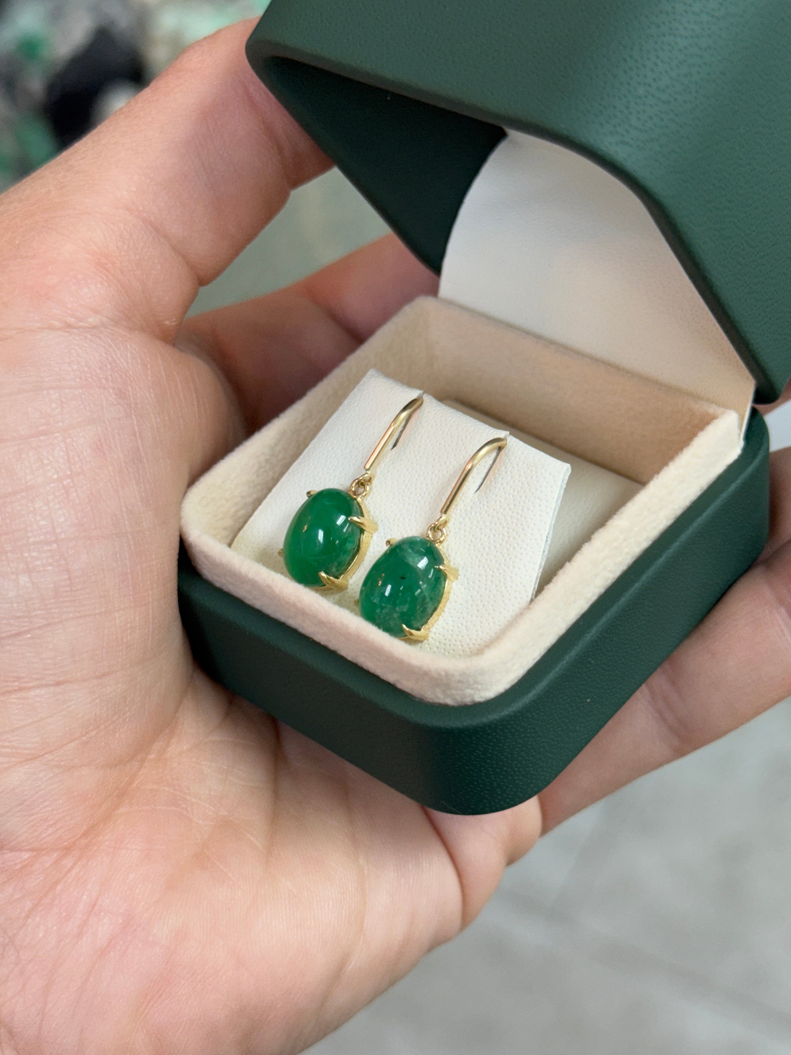 8.55tcw Oval Cabochon Emerald French Hook Earrings 14K