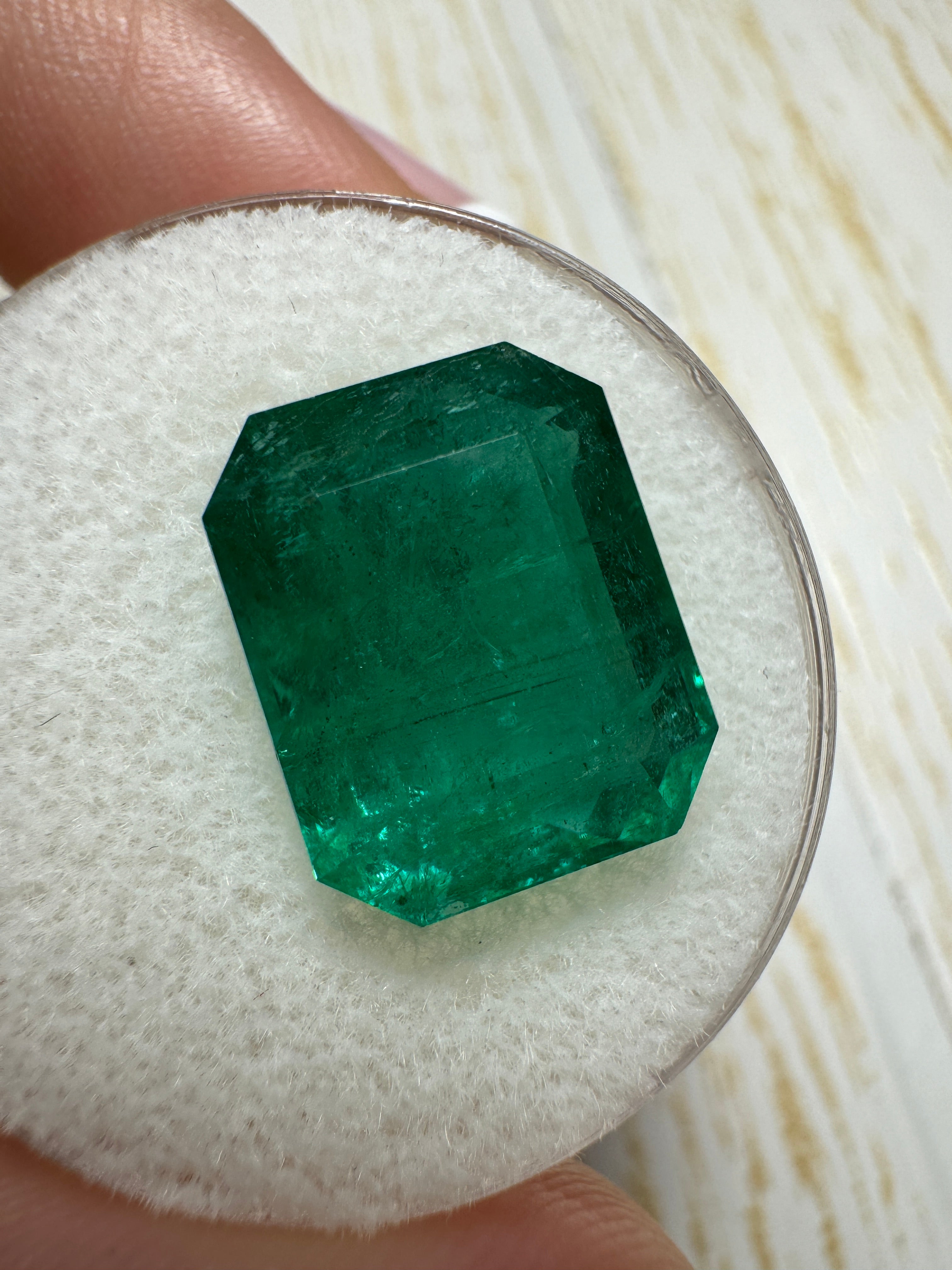 Deep green 8.60 carat Zambian emerald cut loose emerald from JR Colombian Emeralds, showcasing vibrant color and clarity.