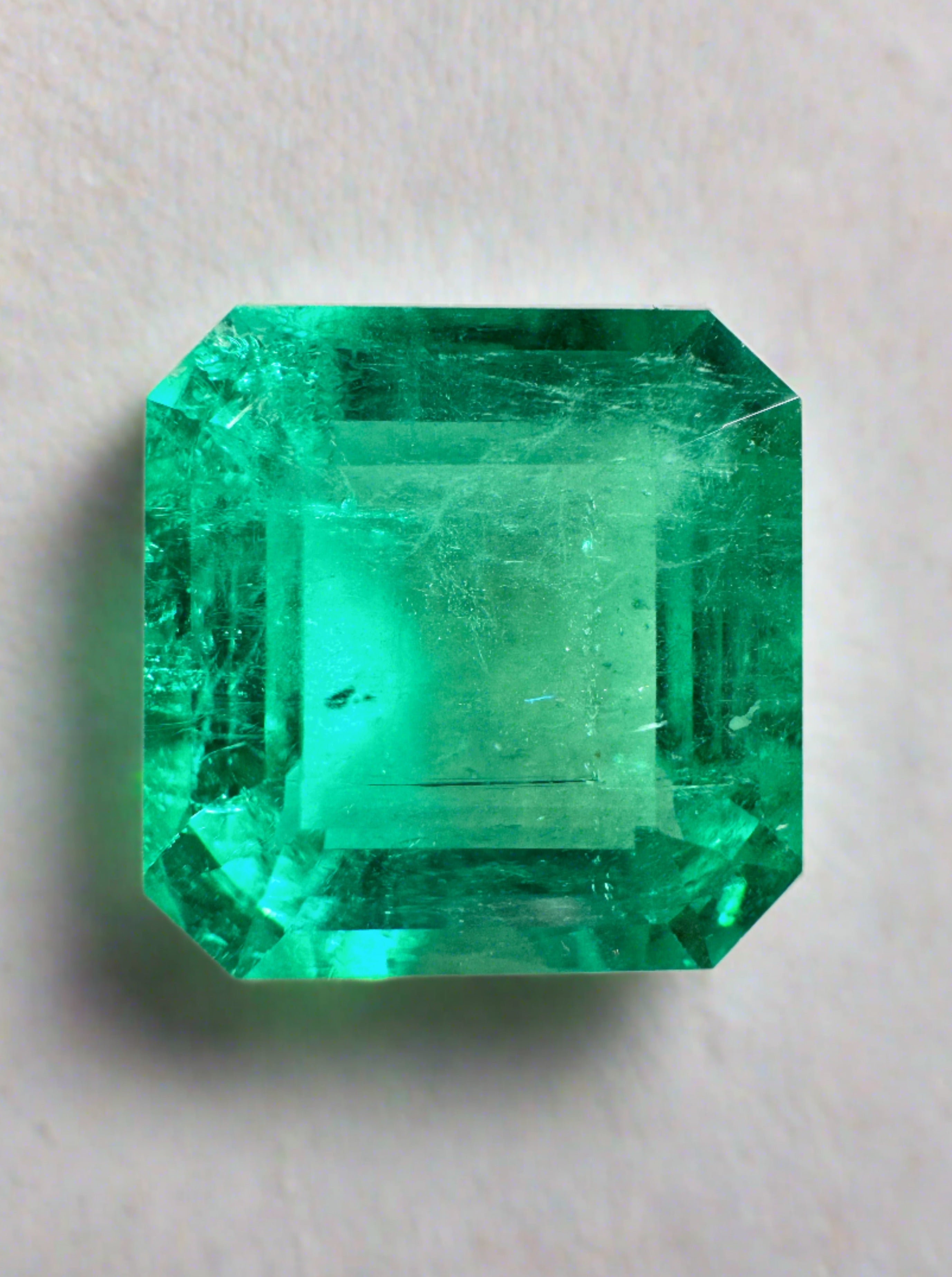 8.81 carat glowing green natural Colombian emerald loose gemstone in Asscher cut, displayed by JR Colombian Emeralds