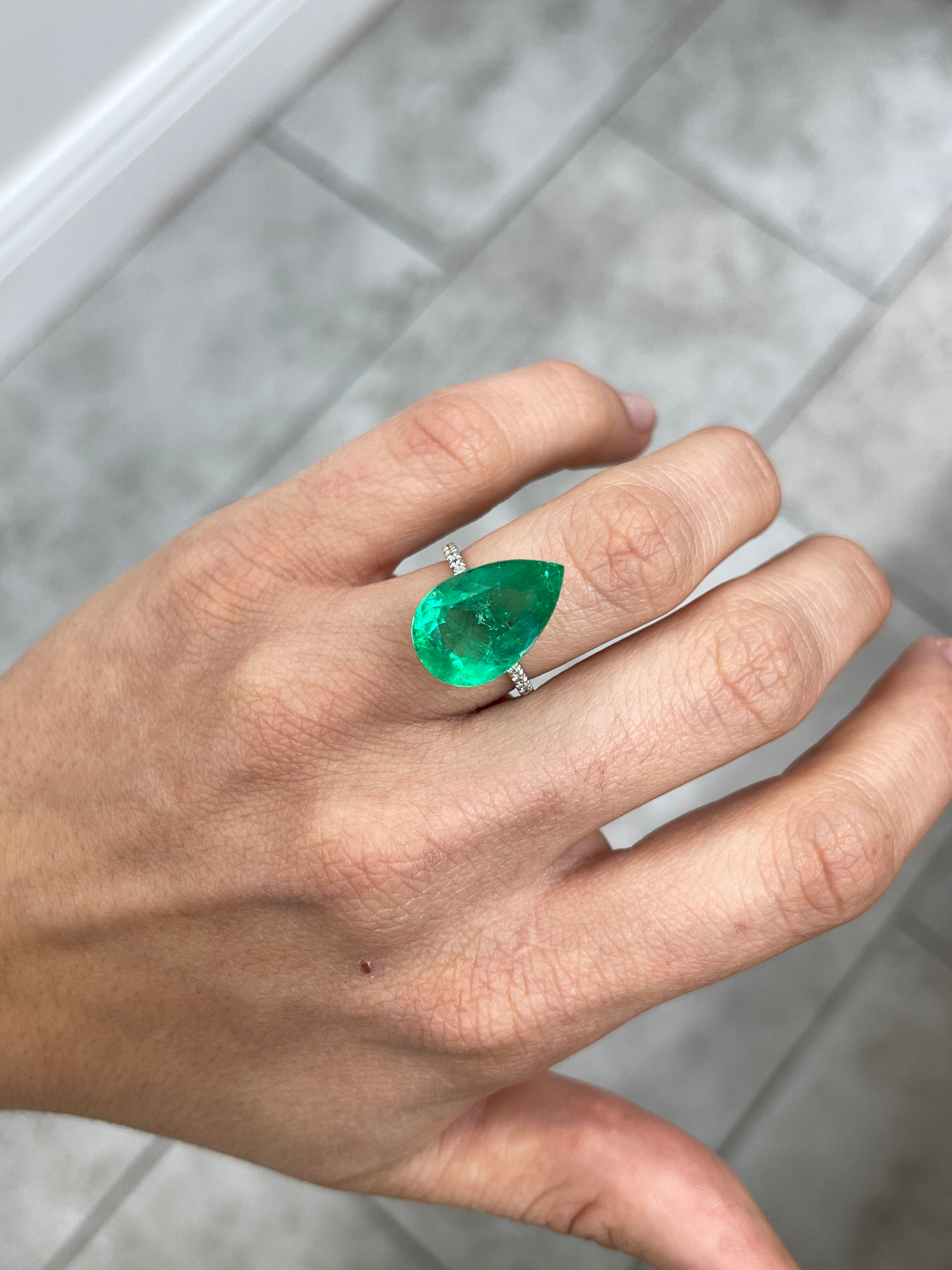 9.10 Carat 18x12 Yellowish Green Loose Teardrop Natural Colombian Emerald - JR Colombian Emeralds