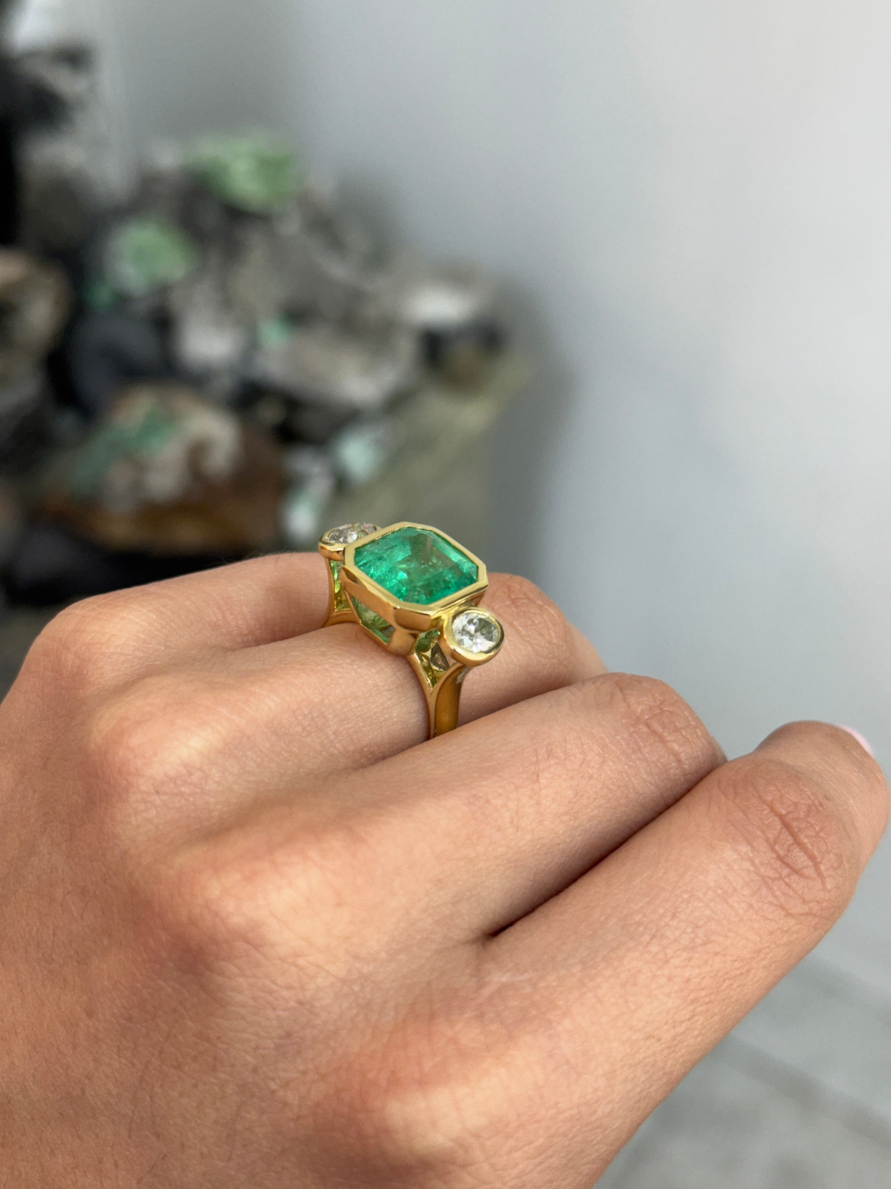 9.10tcw Bezel Set Colombian Emerald & Oval Diamond 18K Ring - JR Colombian Emeralds