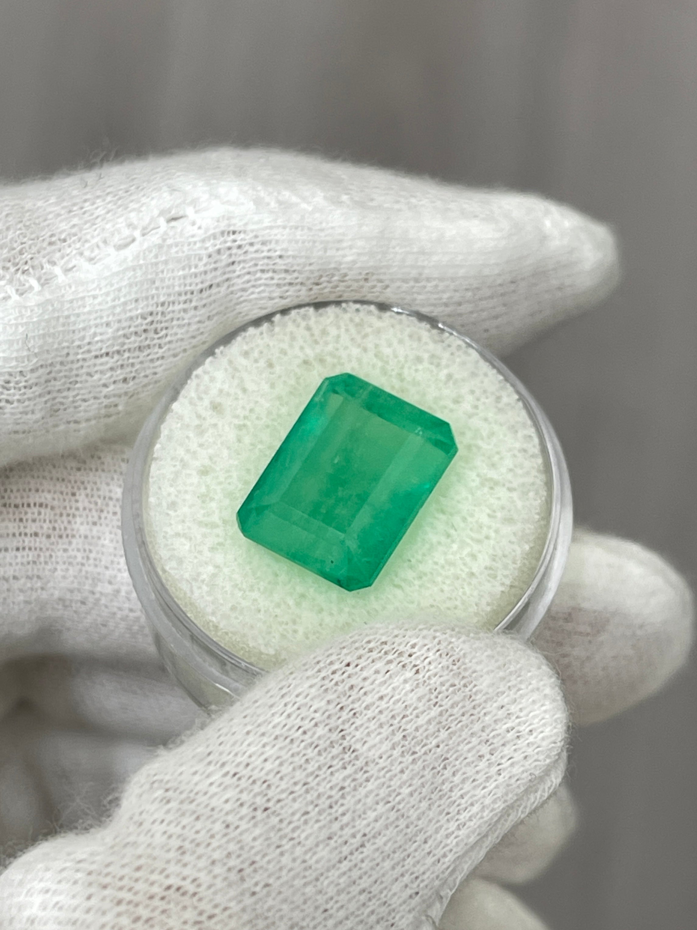 Medium green 9.29 carat Colombian emerald cut loose gemstone from JR Colombian Emeralds, showcasing earthy color and clarity.