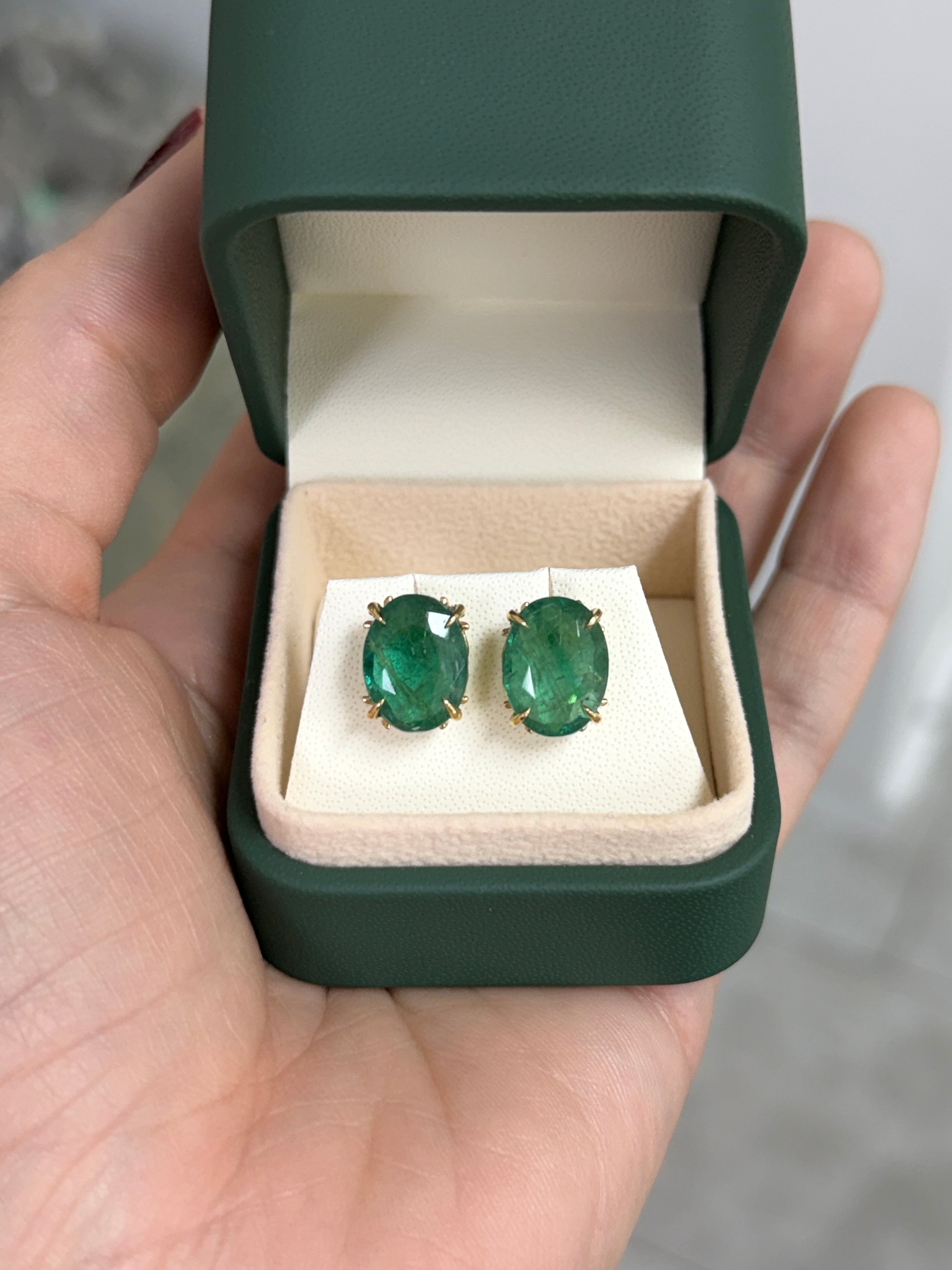 9.56tcw Natural Emerald Oval 4-Prong Fleur-de-lis Earring - JR Colombian Emeralds