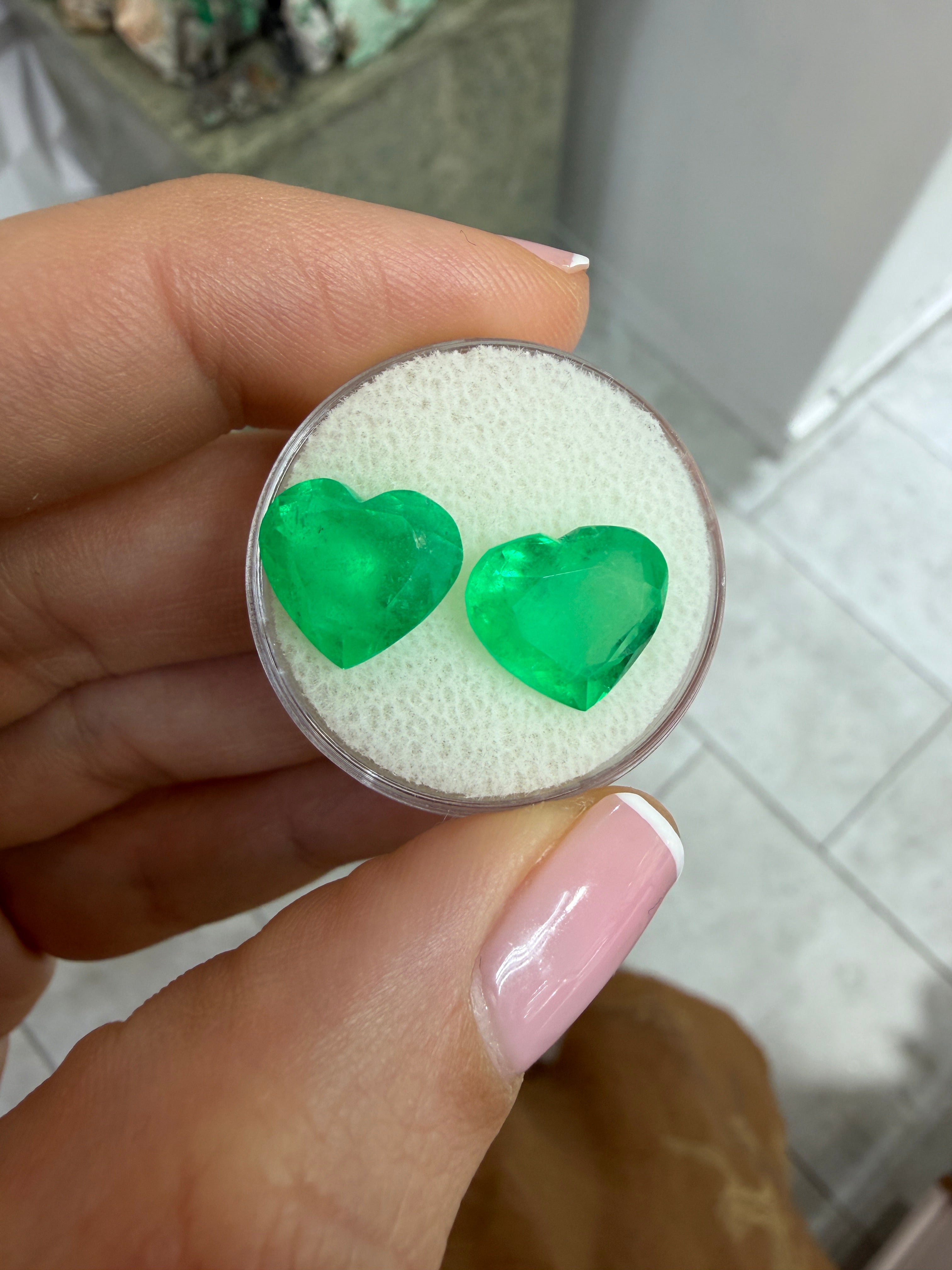 9.66tcw 19.6x11.8 Matching Emerald Hearts Yellowish Green Natural Colombian Emeralds
