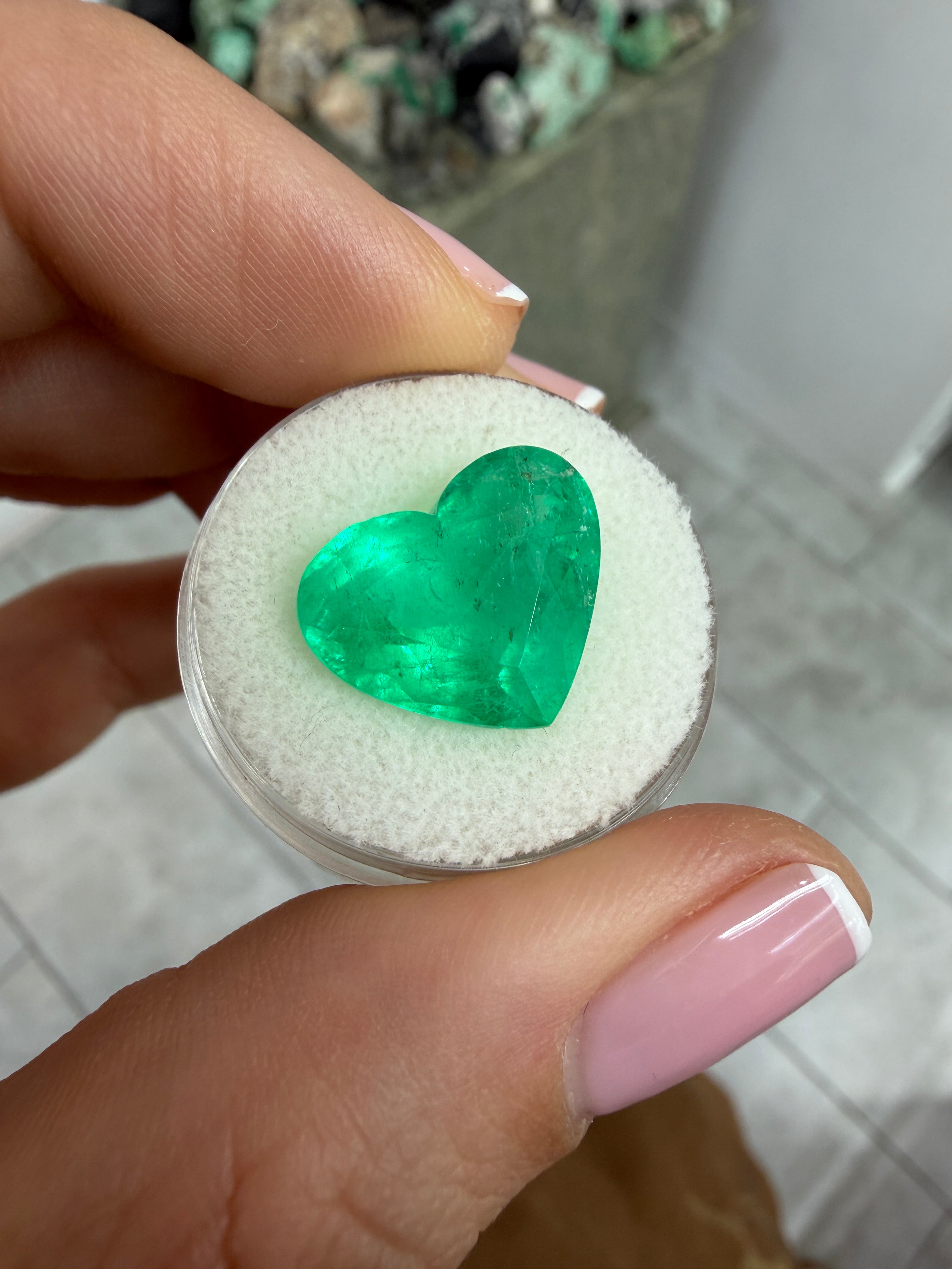 9.72 Carat 13x16 Bright Green Natural Loose Colombian Emerald-Heart Cut