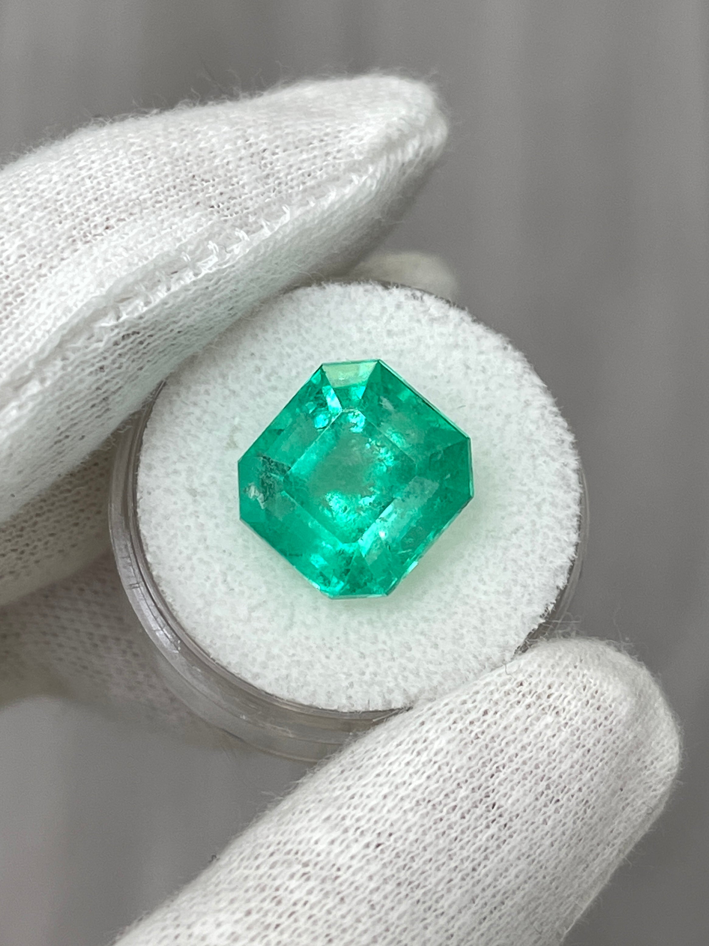 9.79 carat medium green natural Colombian emerald loose gemstone in classic Asscher cut, from JR Colombian Emeralds.