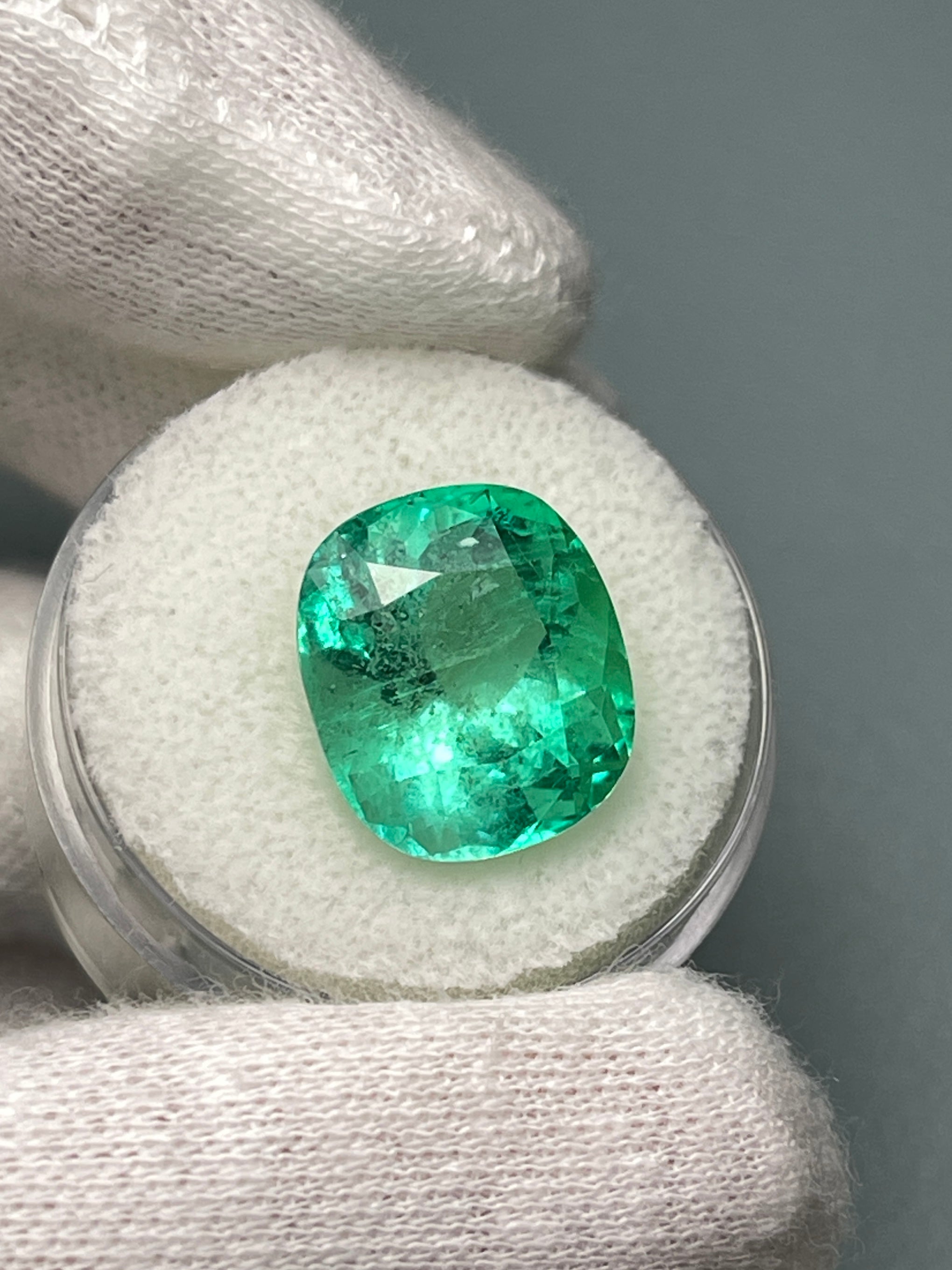 9.89 Carat 14x12 Spring Green Natural Loose Colombian Emerald-Cushion Cut - JR Colombian Emeralds