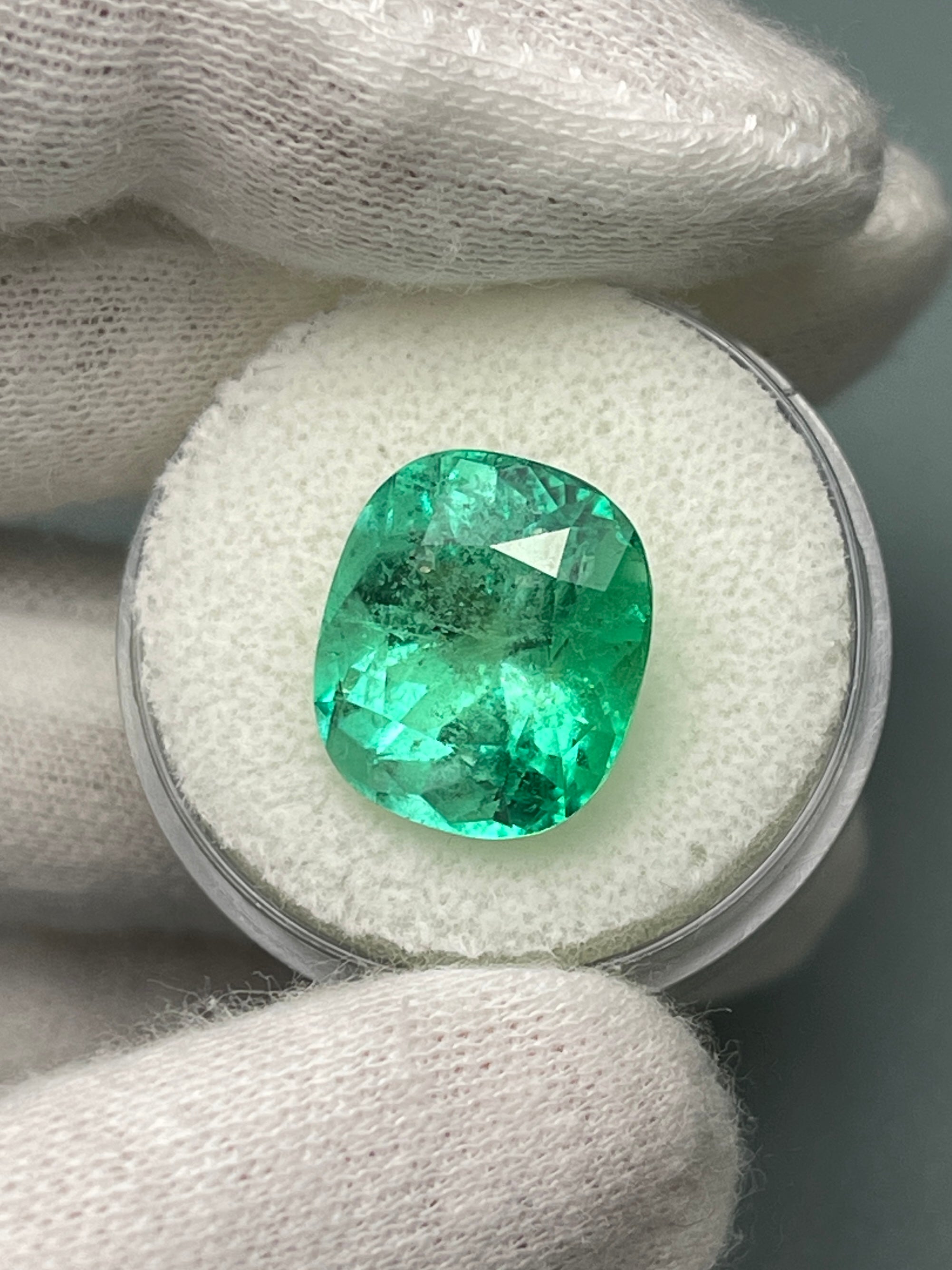 9.89 Carat 14x12 Spring Green Natural Loose Colombian Emerald-Cushion Cut - JR Colombian Emeralds