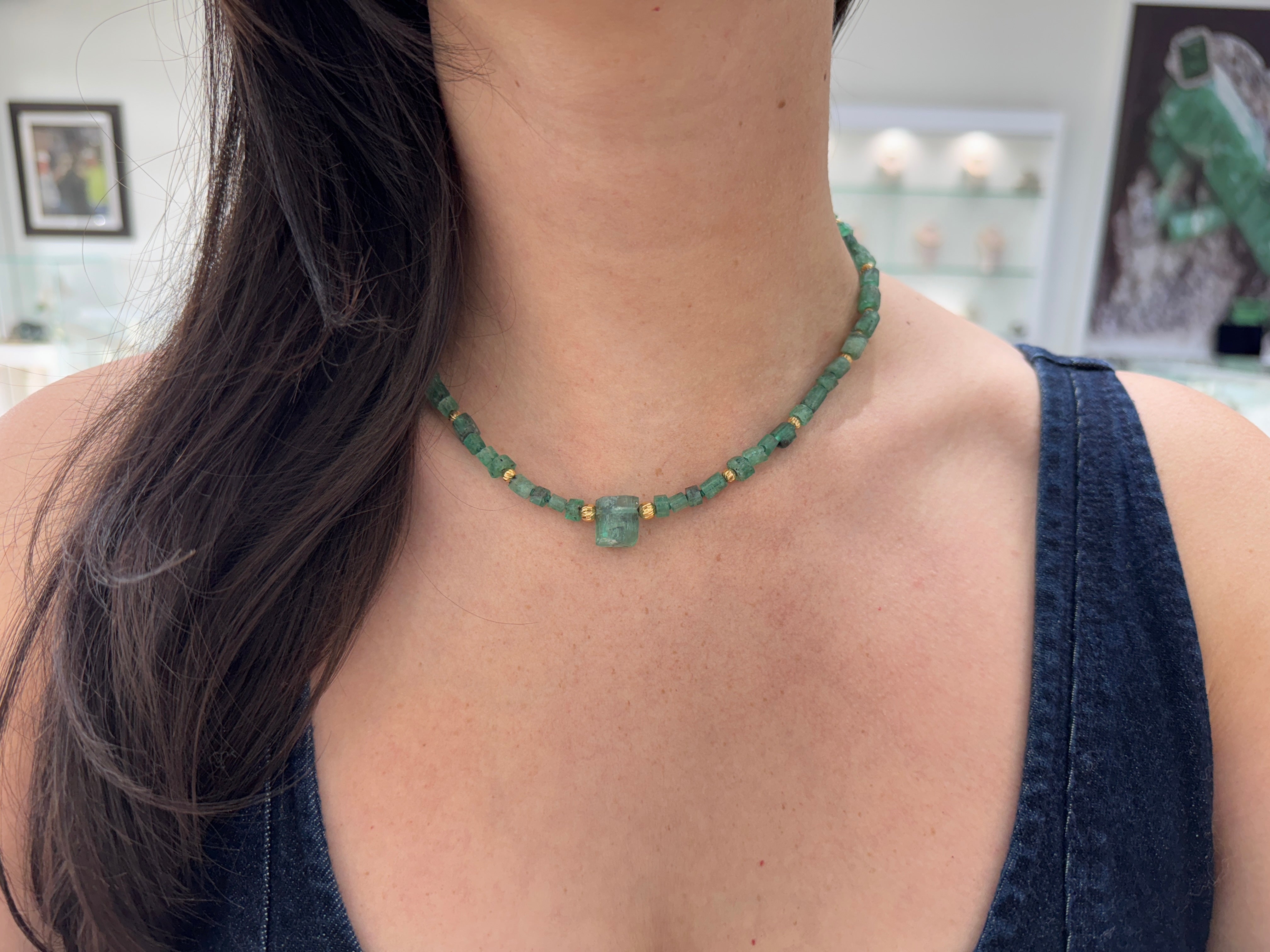 95.69tcw Natural Rough Colombian Emerald Earthy Tennis Necklace - 17 Inches 18K Gold
