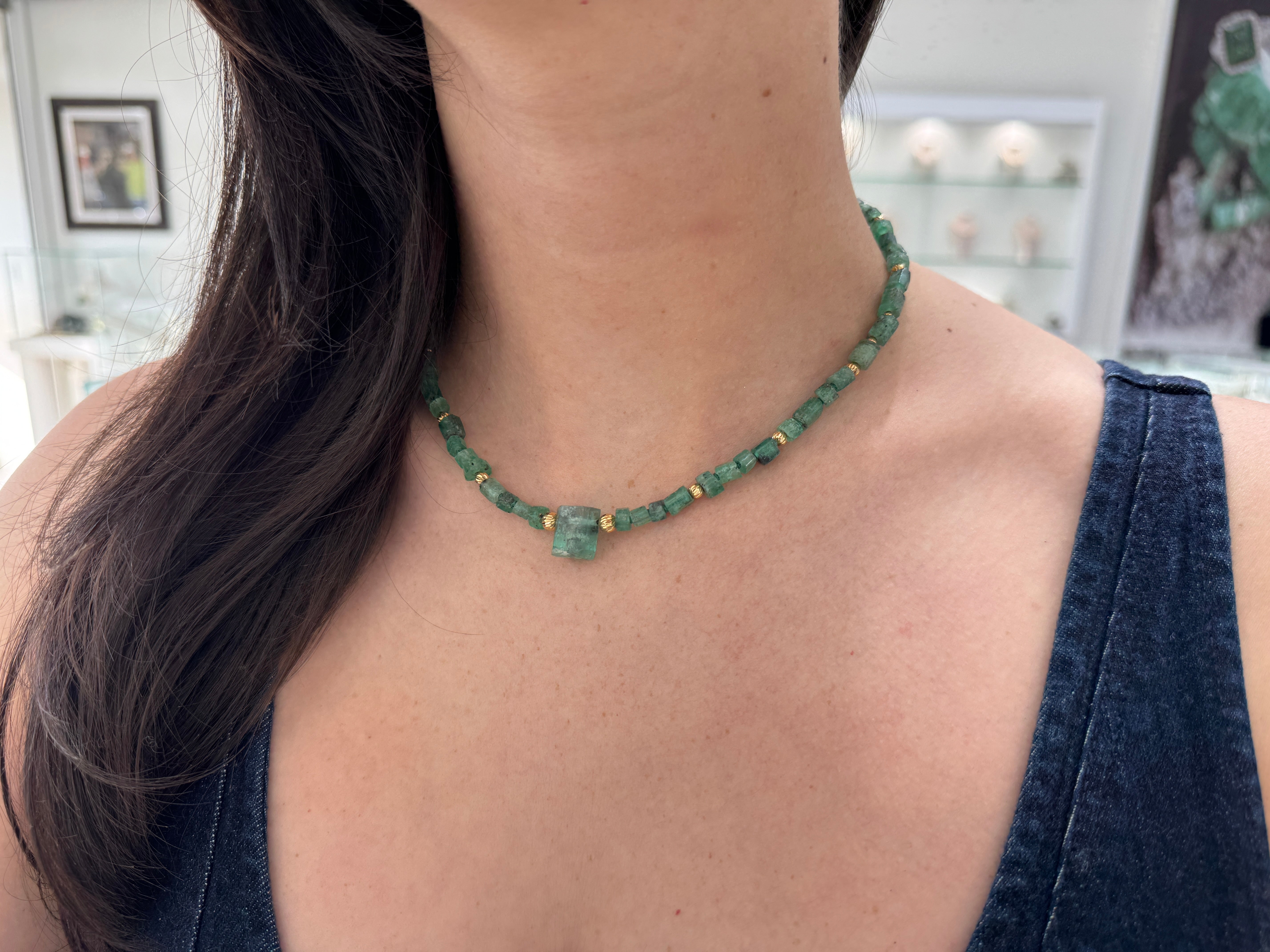 95.69tcw Natural Rough Colombian Emerald Earthy Tennis Necklace - 17 Inches 18K Gold