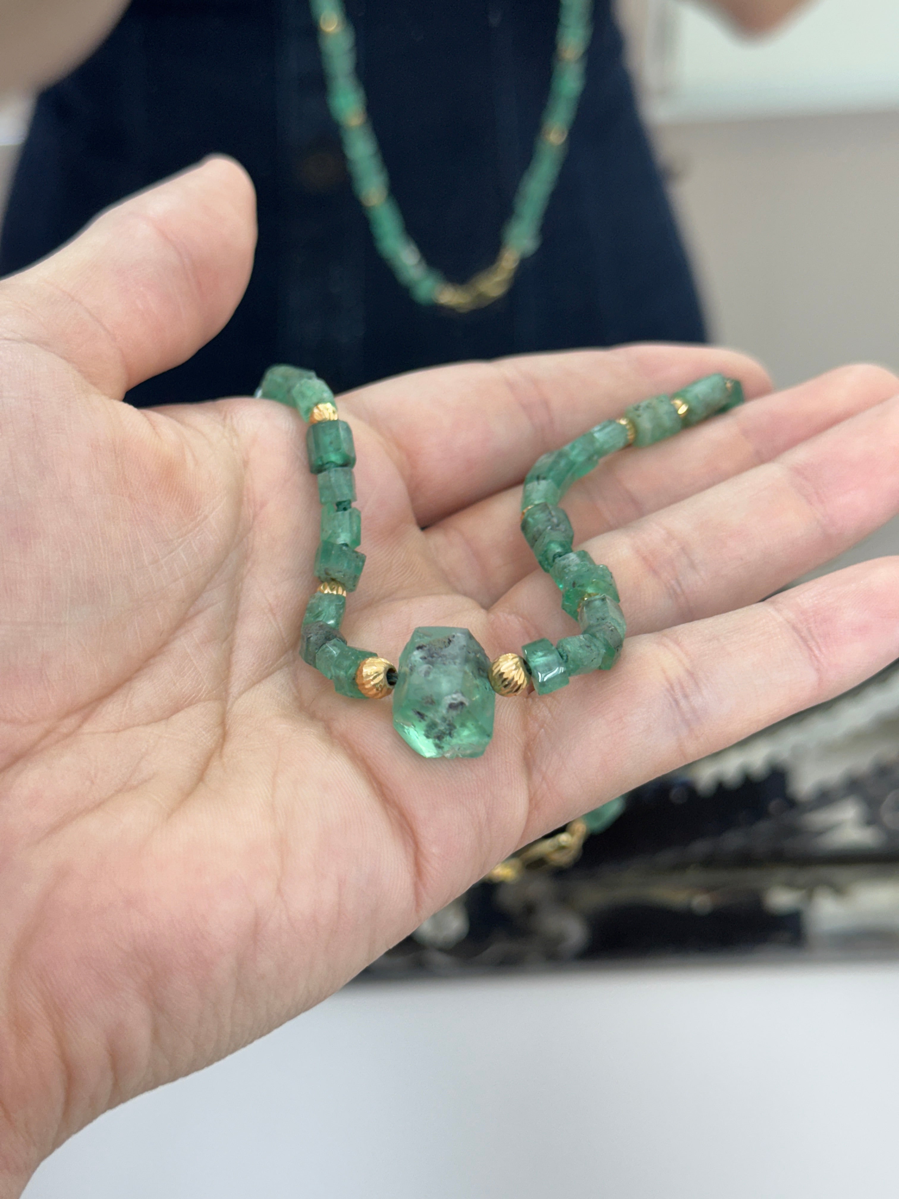 95.69tcw Natural Rough Colombian Emerald Earthy Tennis Necklace - 17 Inches 18K Gold