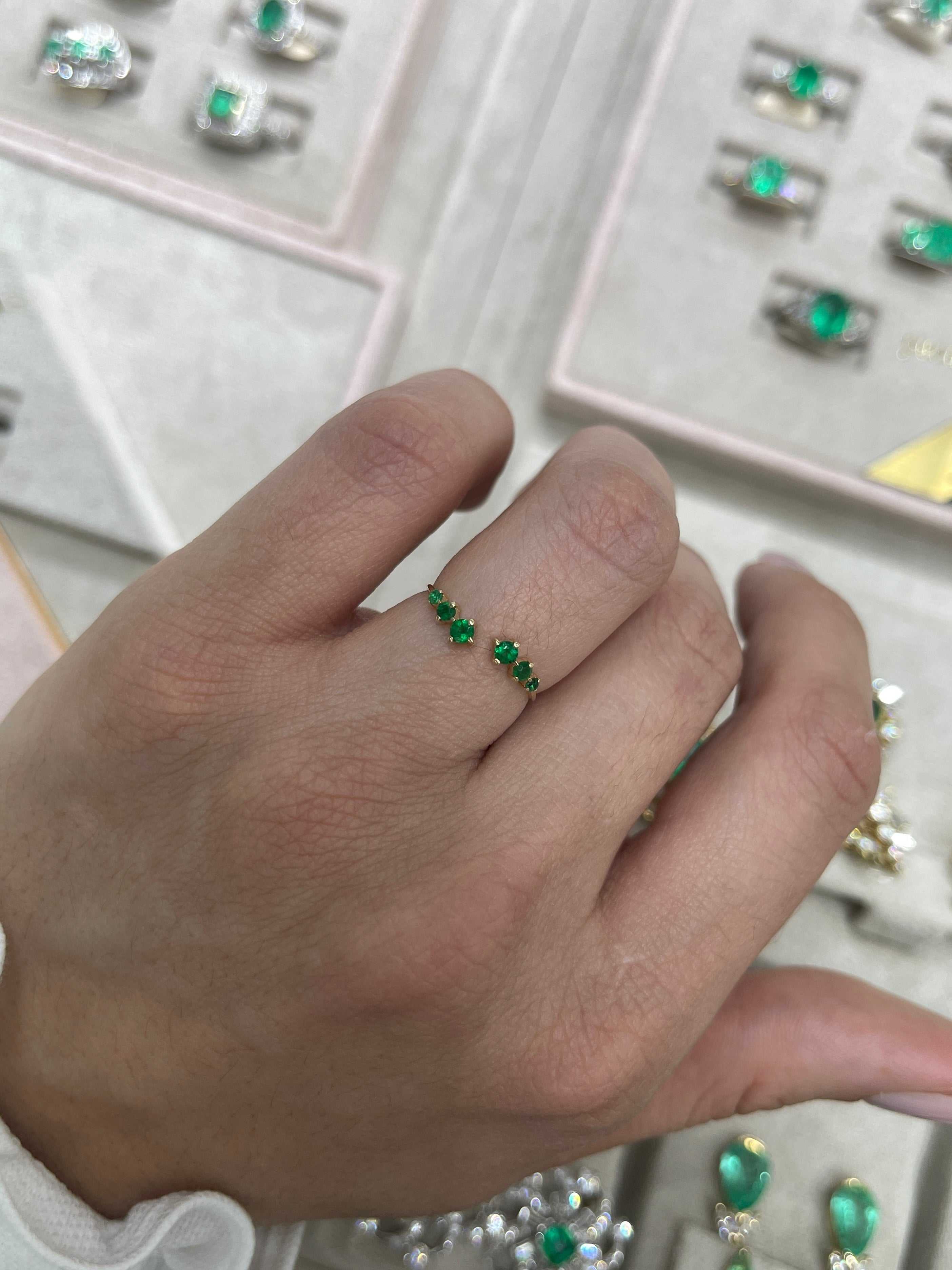 A.M Size 5.5 Petite Open Concept Emerald Everyday Ring Band 14K - JR Colombian Emeralds