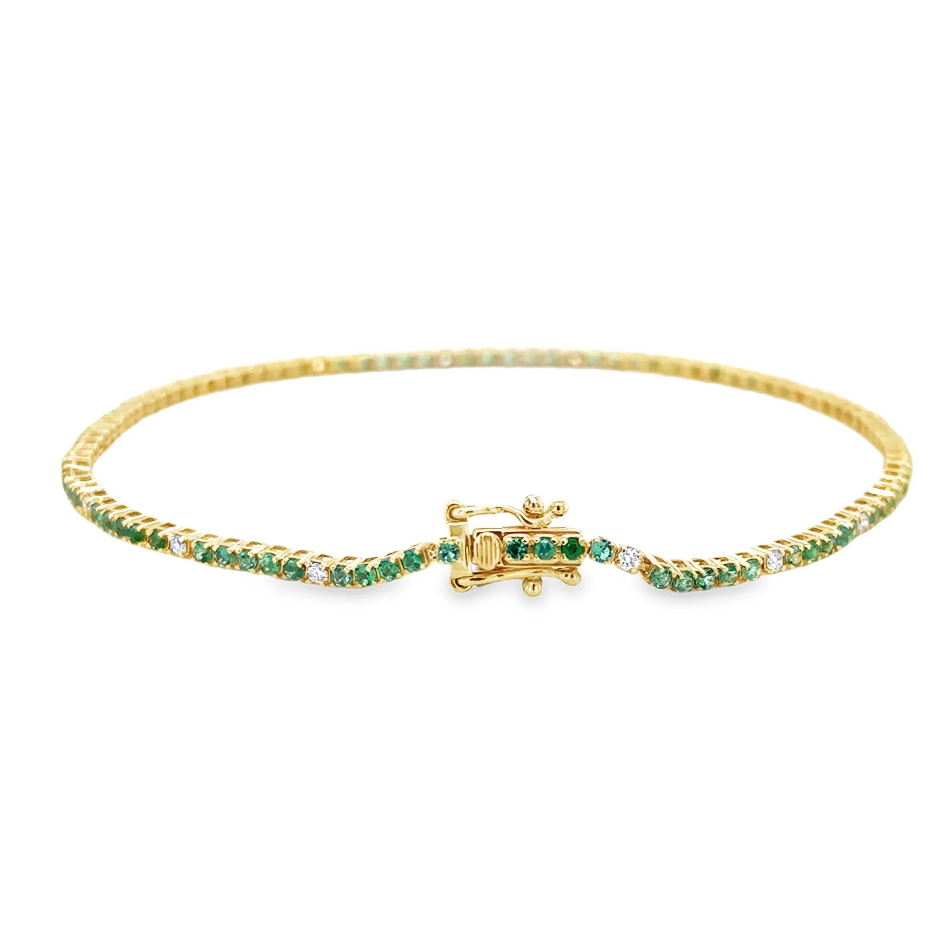 Petite 1.14tcw Emerald & Diamond Tennis Bracelet 14K Yellow Gold- 7 Inches - JR Colombian Emeralds