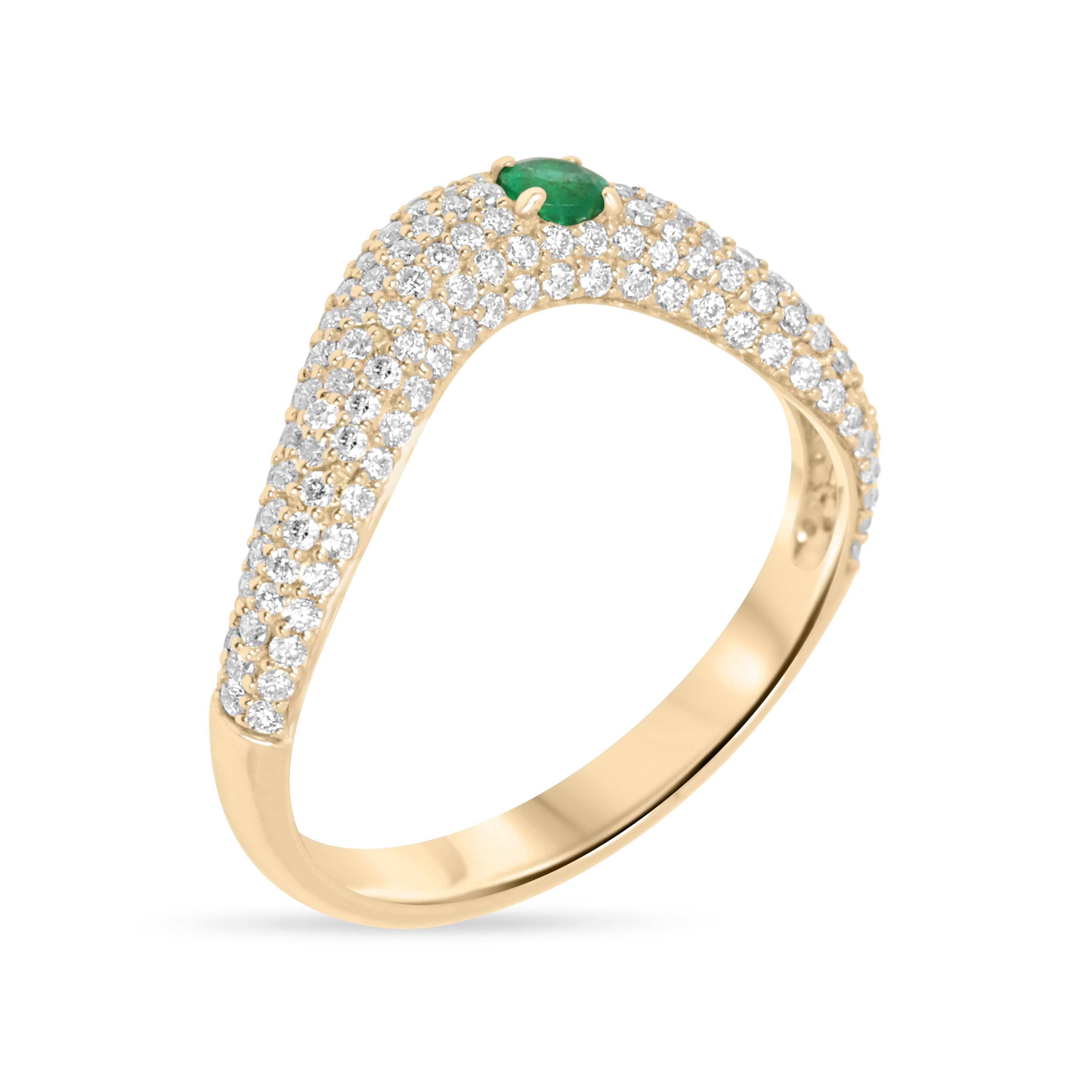 Custom curved emerald and diamond pave wedding band in 14K gold, size 7, by JR Colombian Emeralds.