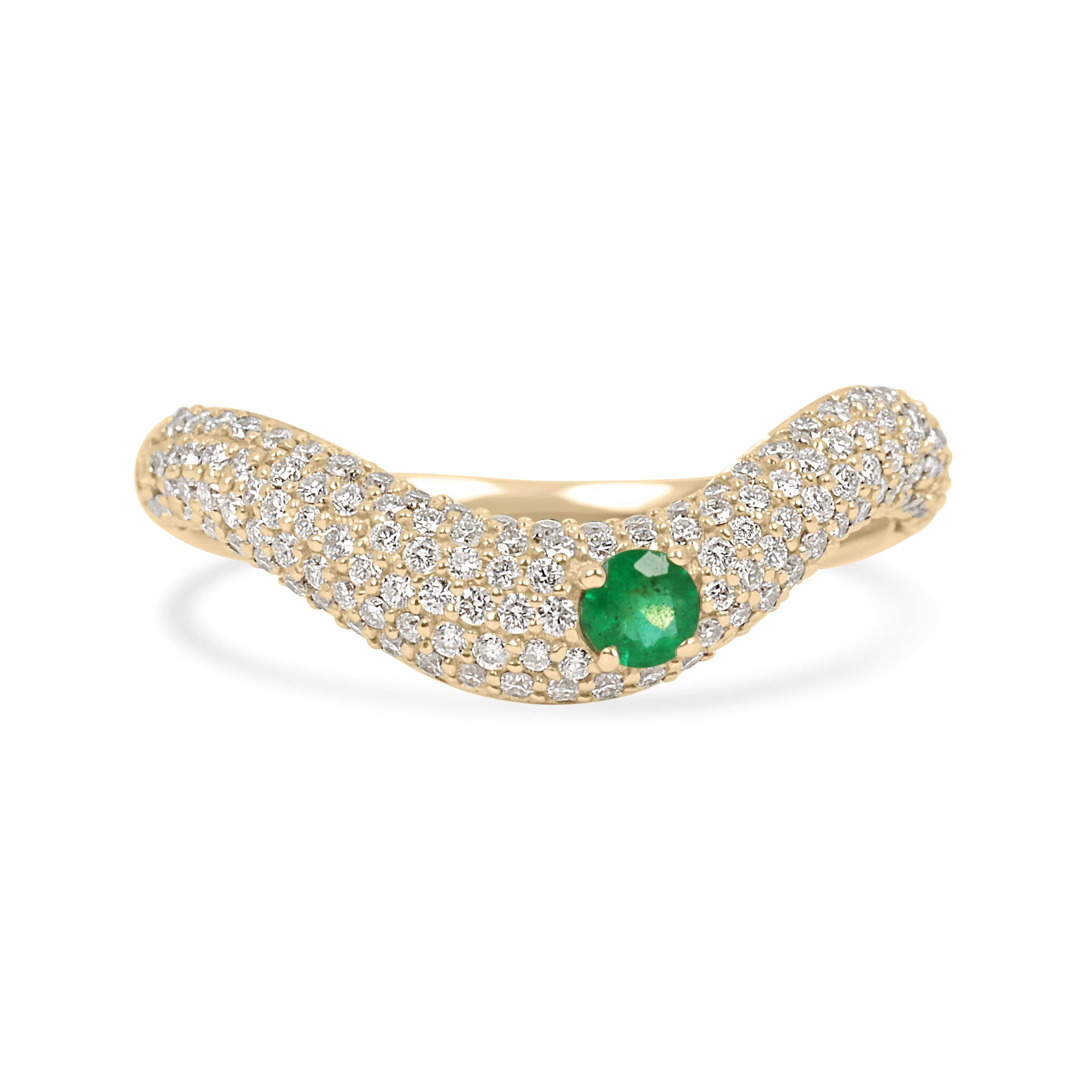 Custom curved wedding band with emerald and diamond pave, 14K gold, size 7, by JR Colombian Emeralds.