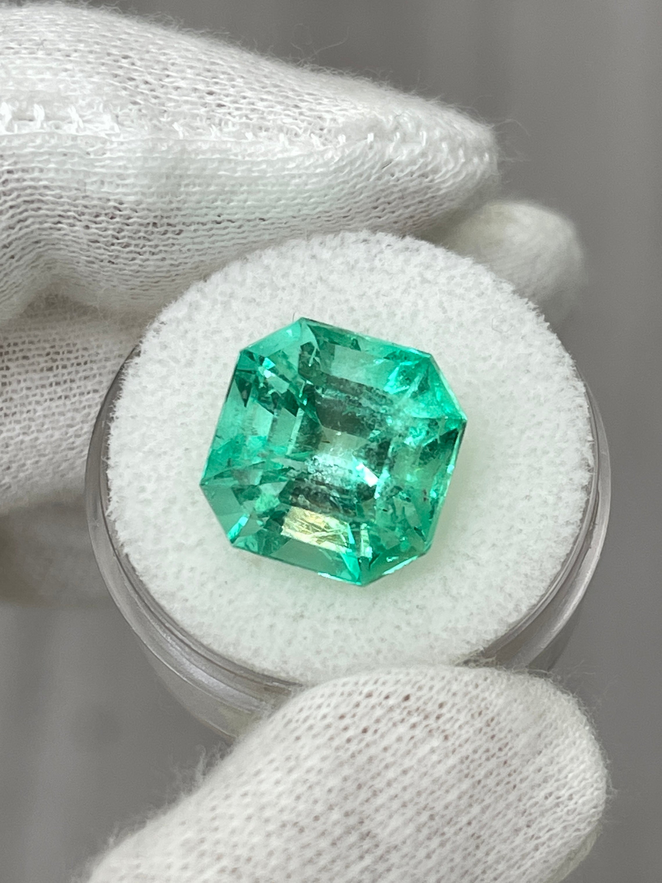 Large 10.49 carat 13x13mm vibrant natural Colombian emerald loose gemstone in classic Asscher cut, from JR Colombian Emeralds.