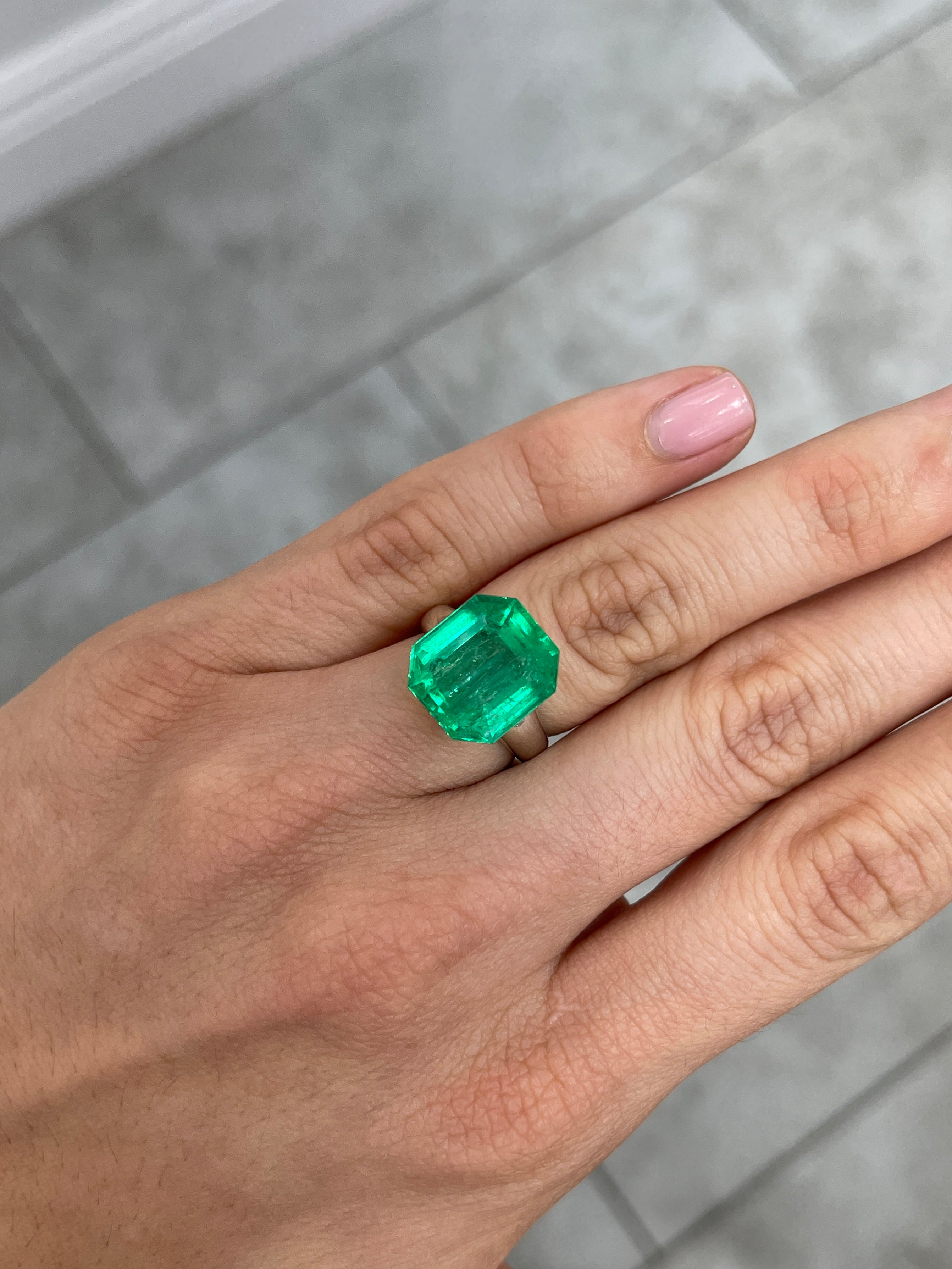 Large 10.97 carat Muzo Colombian emerald in emerald cut, deep jungle green, natural loose gemstone from JR Colombian Emeralds.