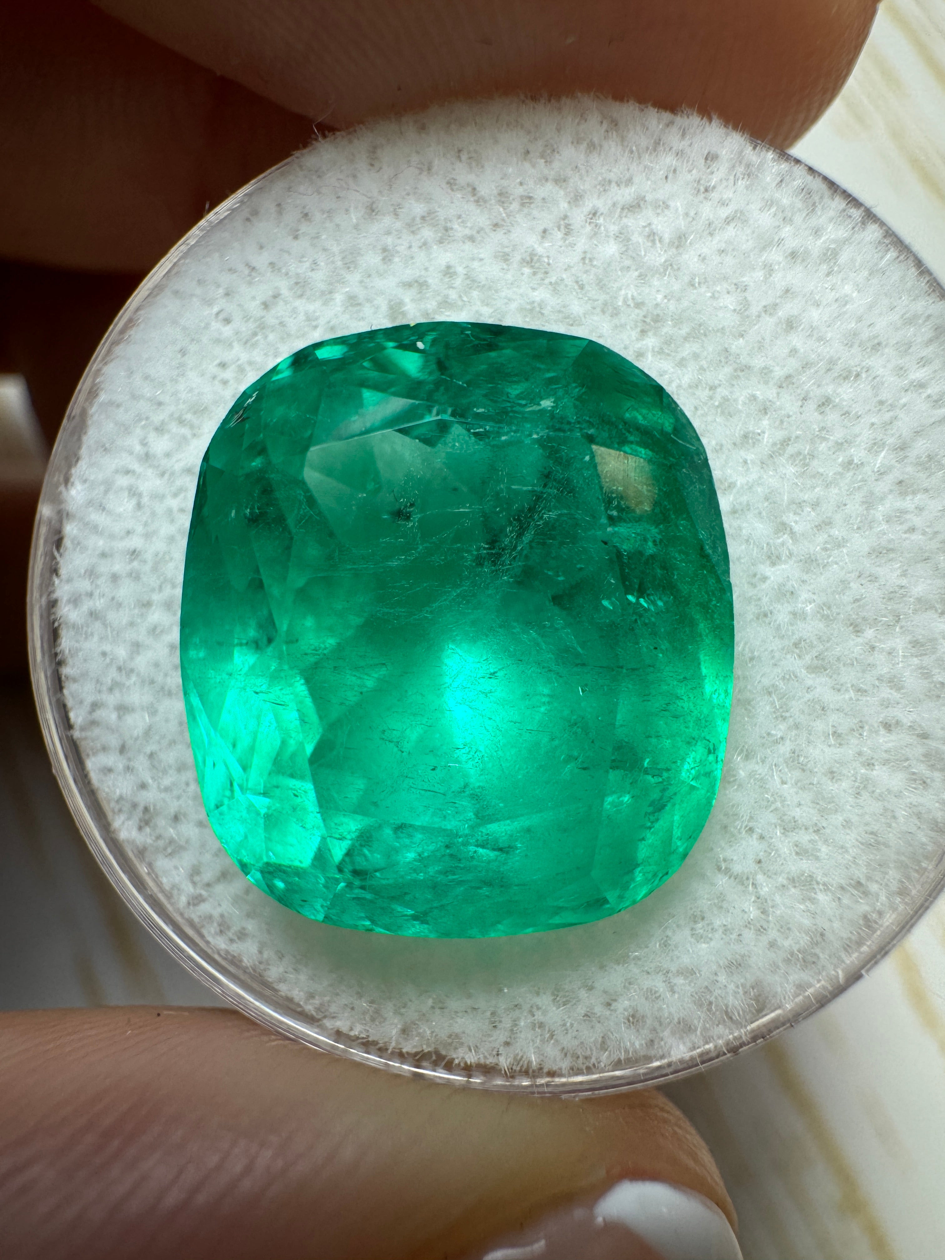 Large 12.50 carat green natural Colombian emerald loose cushion cut gemstone from JR Colombian Emeralds.