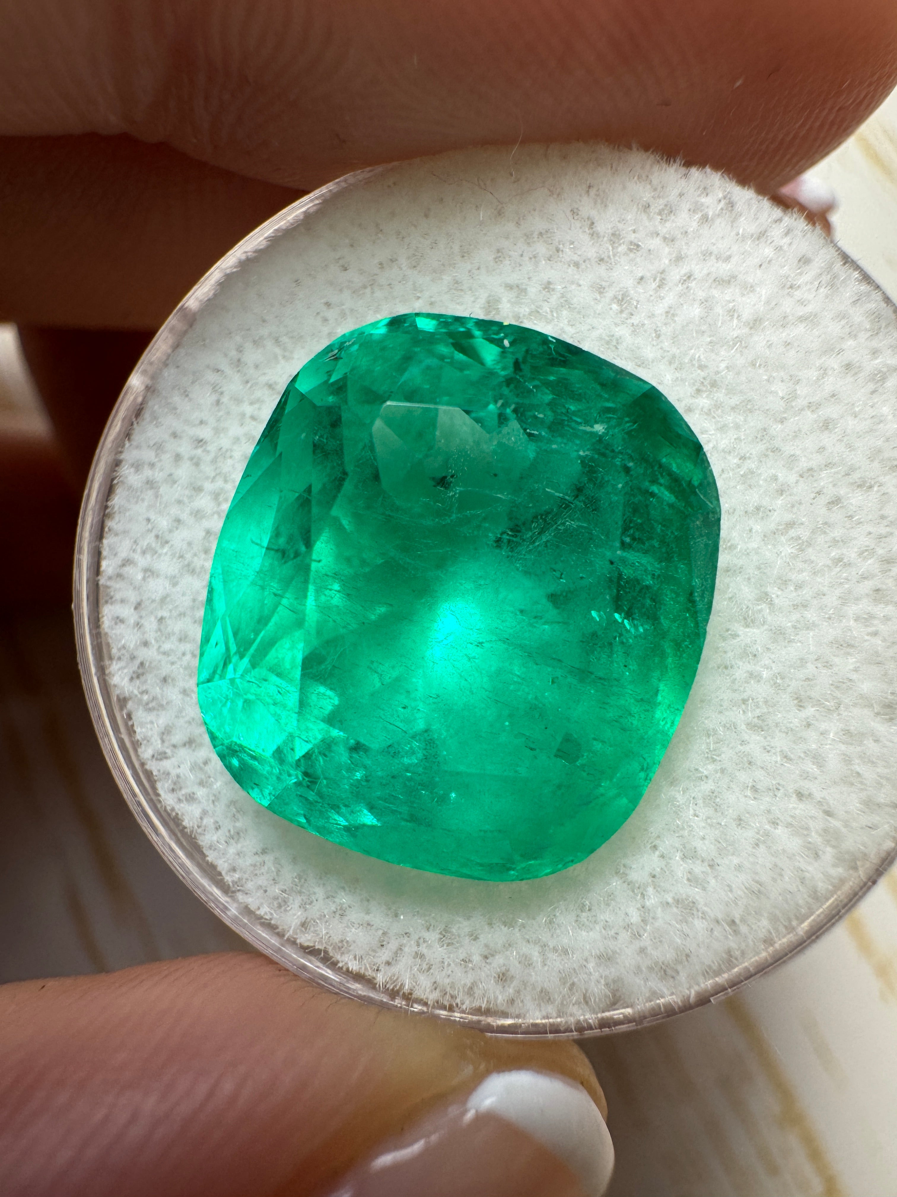 Large 12.50 carat green Colombian emerald loose cushion cut gemstone from JR Colombian Emeralds.
