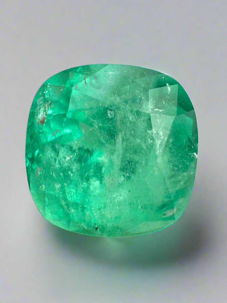 Large 12.66 carat natural Colombian emerald cushion cut gemstone, 14x14 mm, from JR Colombian Emeralds.