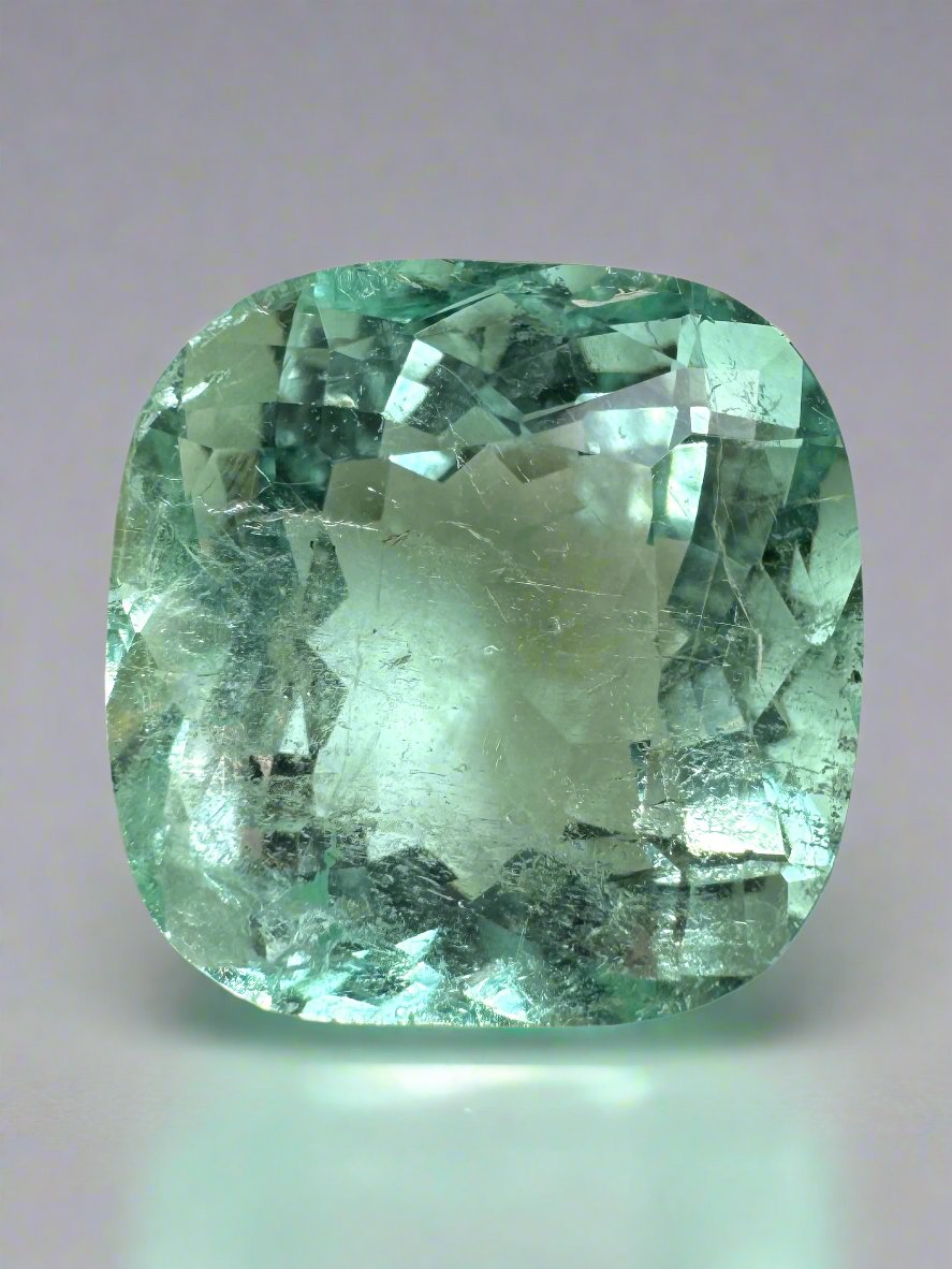 Large 12.86 carat 14.5x14mm natural cushion-cut Colombian emerald from JR Colombian Emeralds.